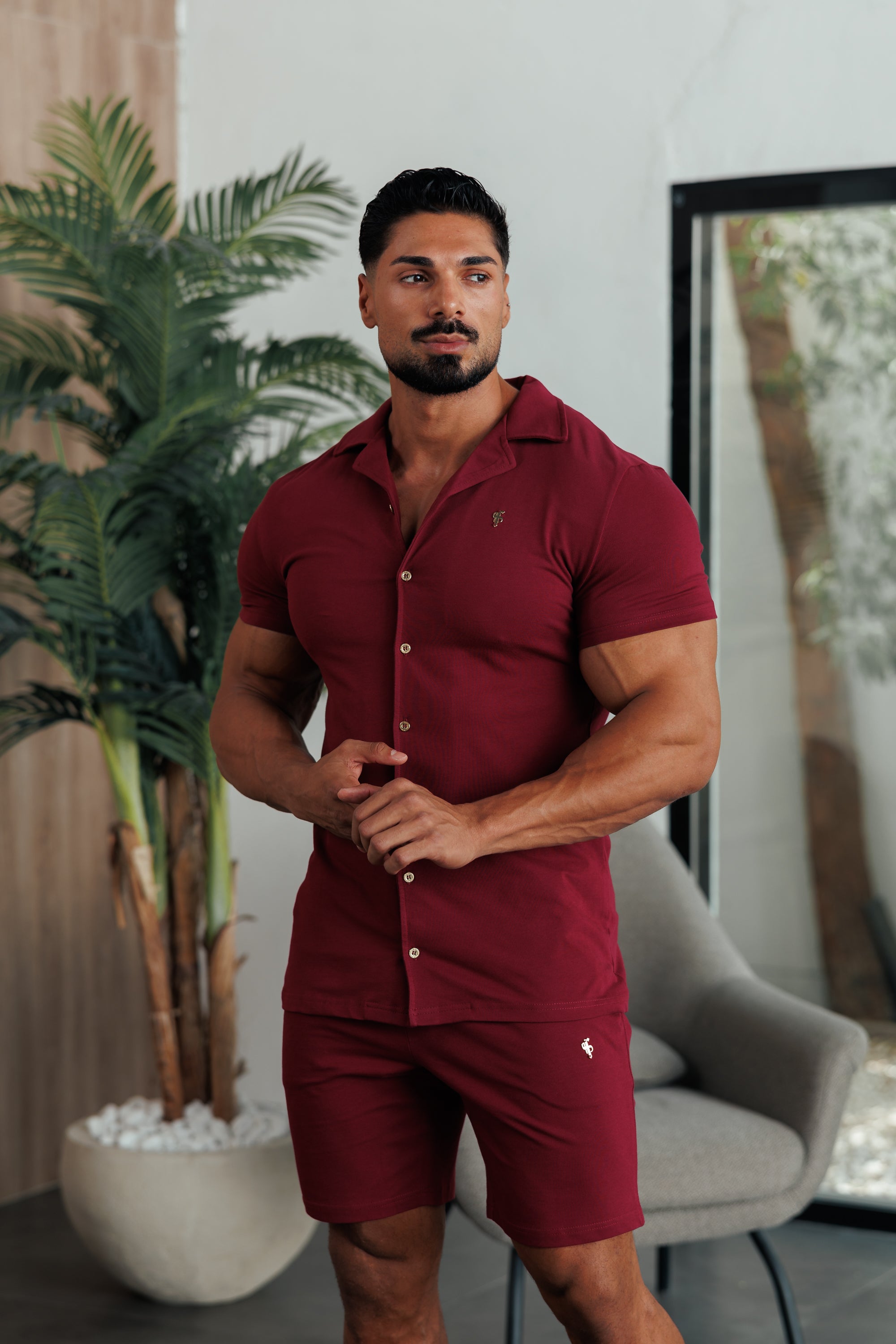 Stretch Wine / Gold Pique Revere Shirt Short Sleeve - FSH1388