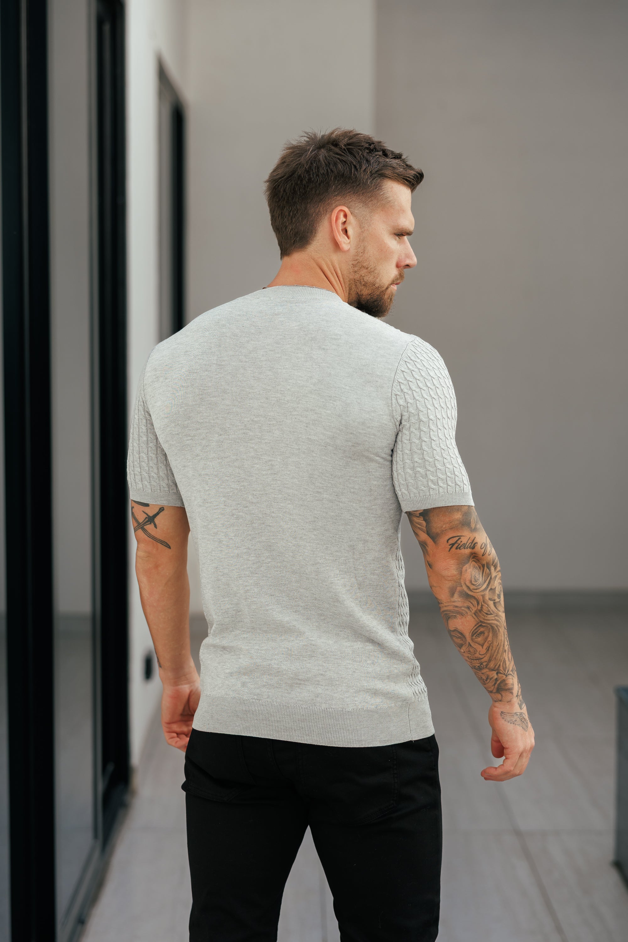 Front Chain Knit Crew Tshirt Silver Grey Short Sleeve - FSR056