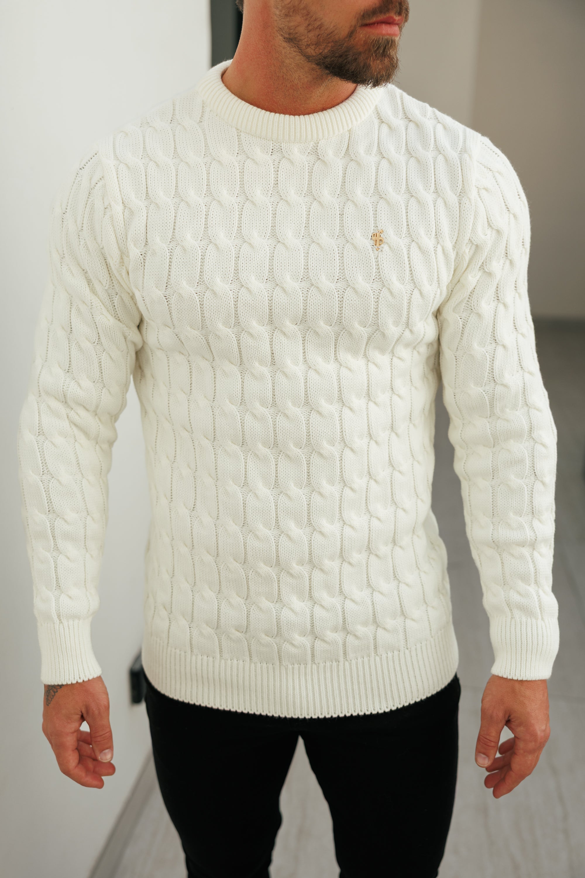 Link Weave Knit Cream Crew Neck Jumper - FSJ126