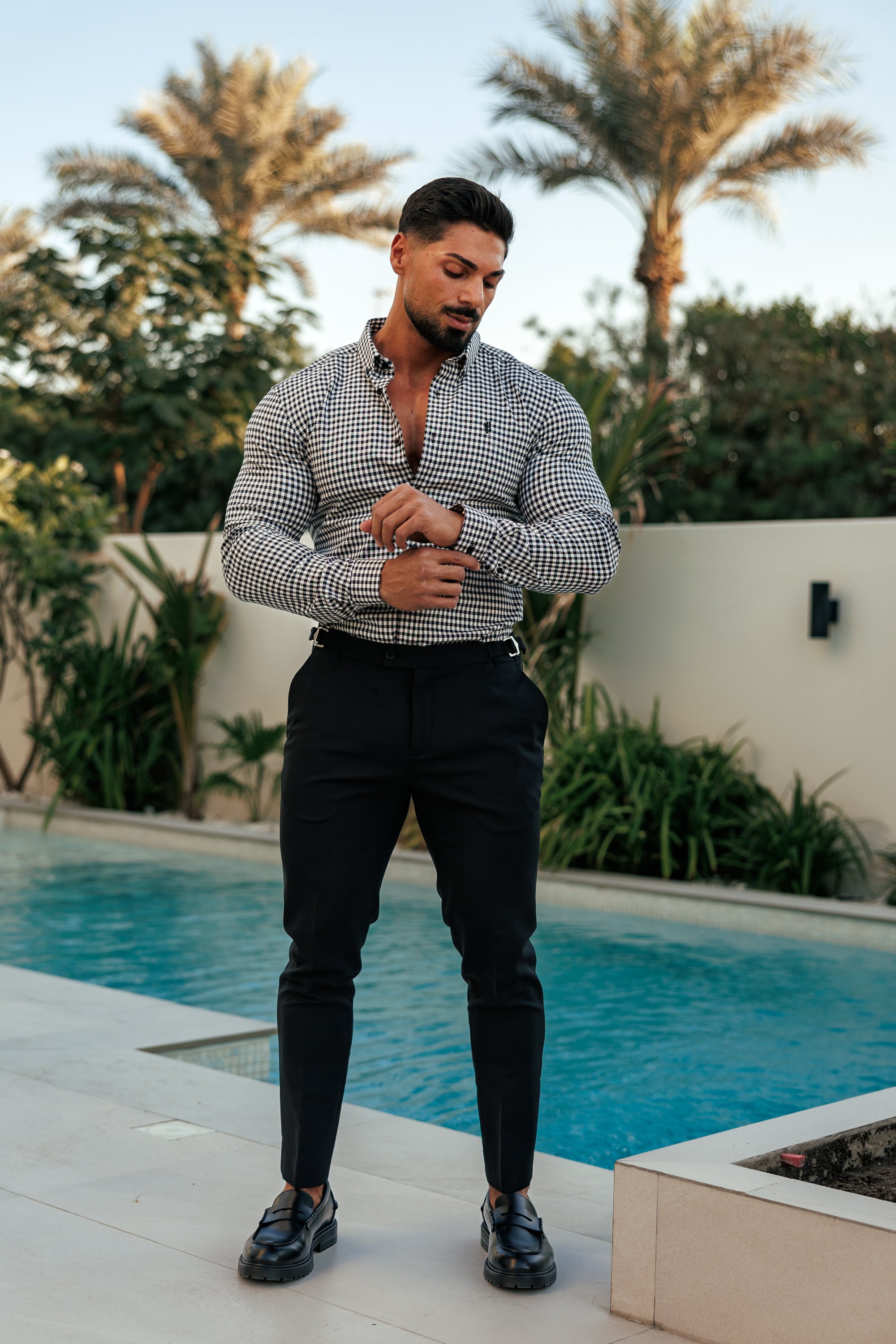 Super Slim Stretch White / Black Check Long Sleeve with Button Down Collar - FS1069