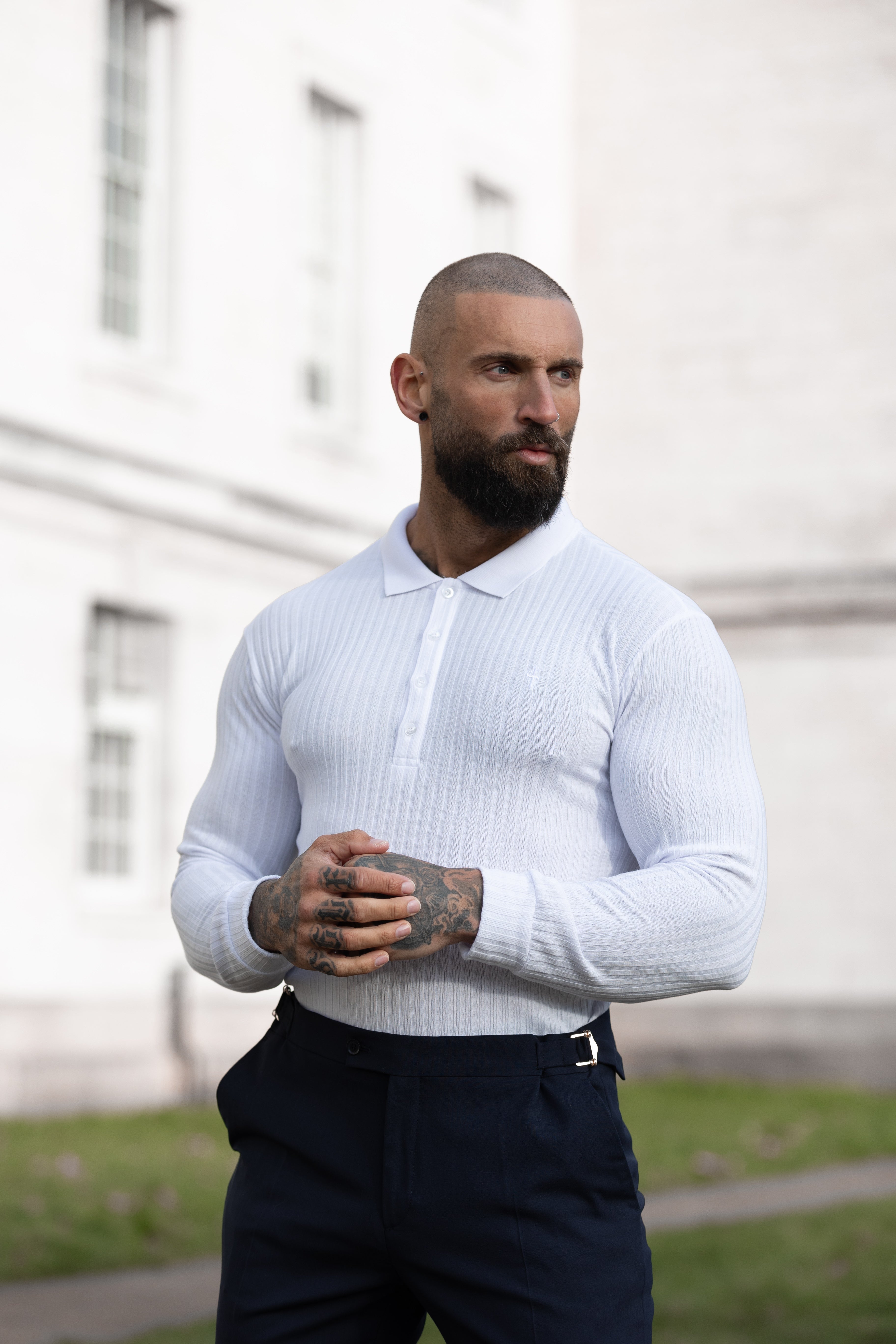 Classic White Ribbed Polo Shirt Long Sleeve - FSH974