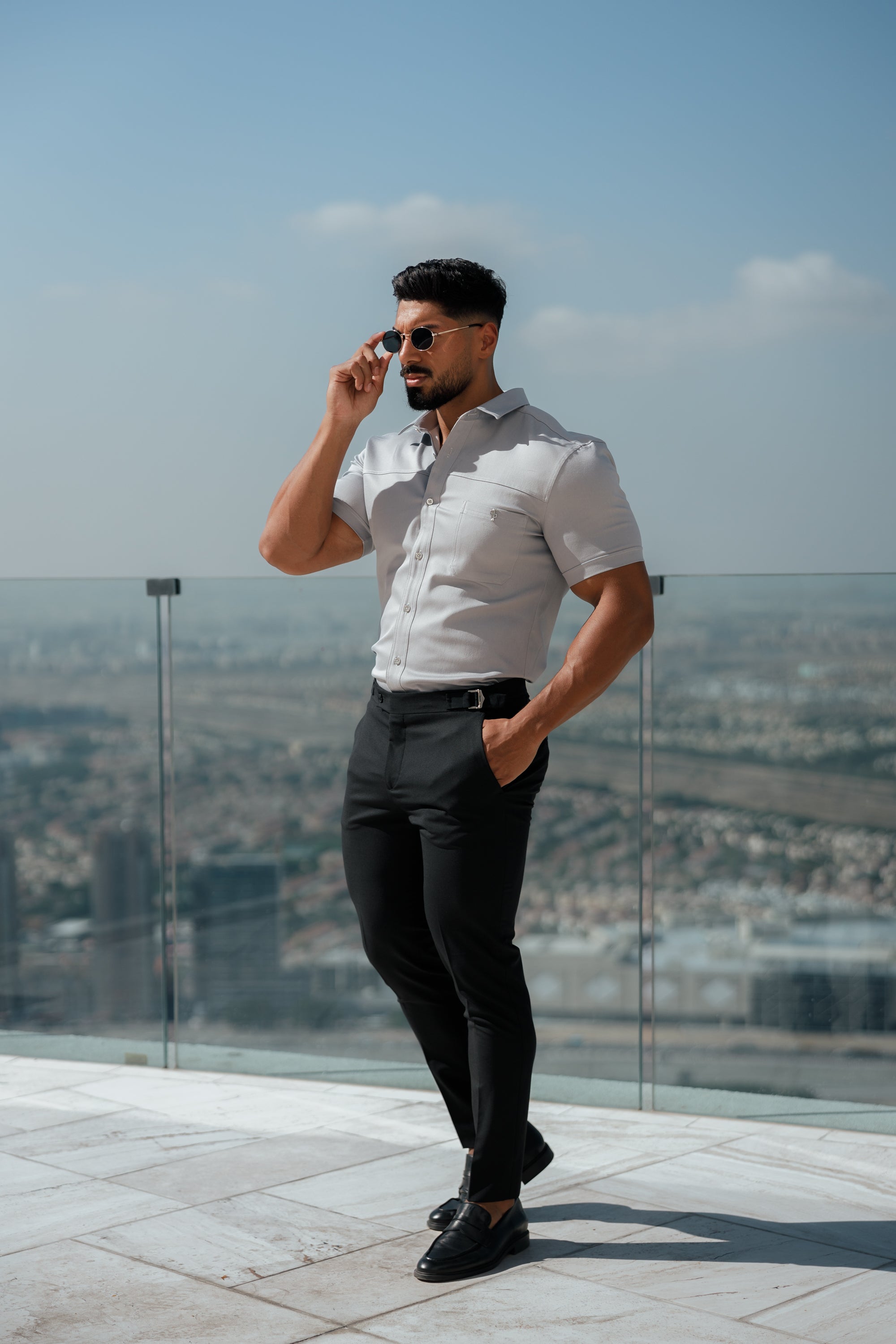 Super Slim Stretch Grey Denim Short Sleeve with Horizontal Seam and Pocket- FS960