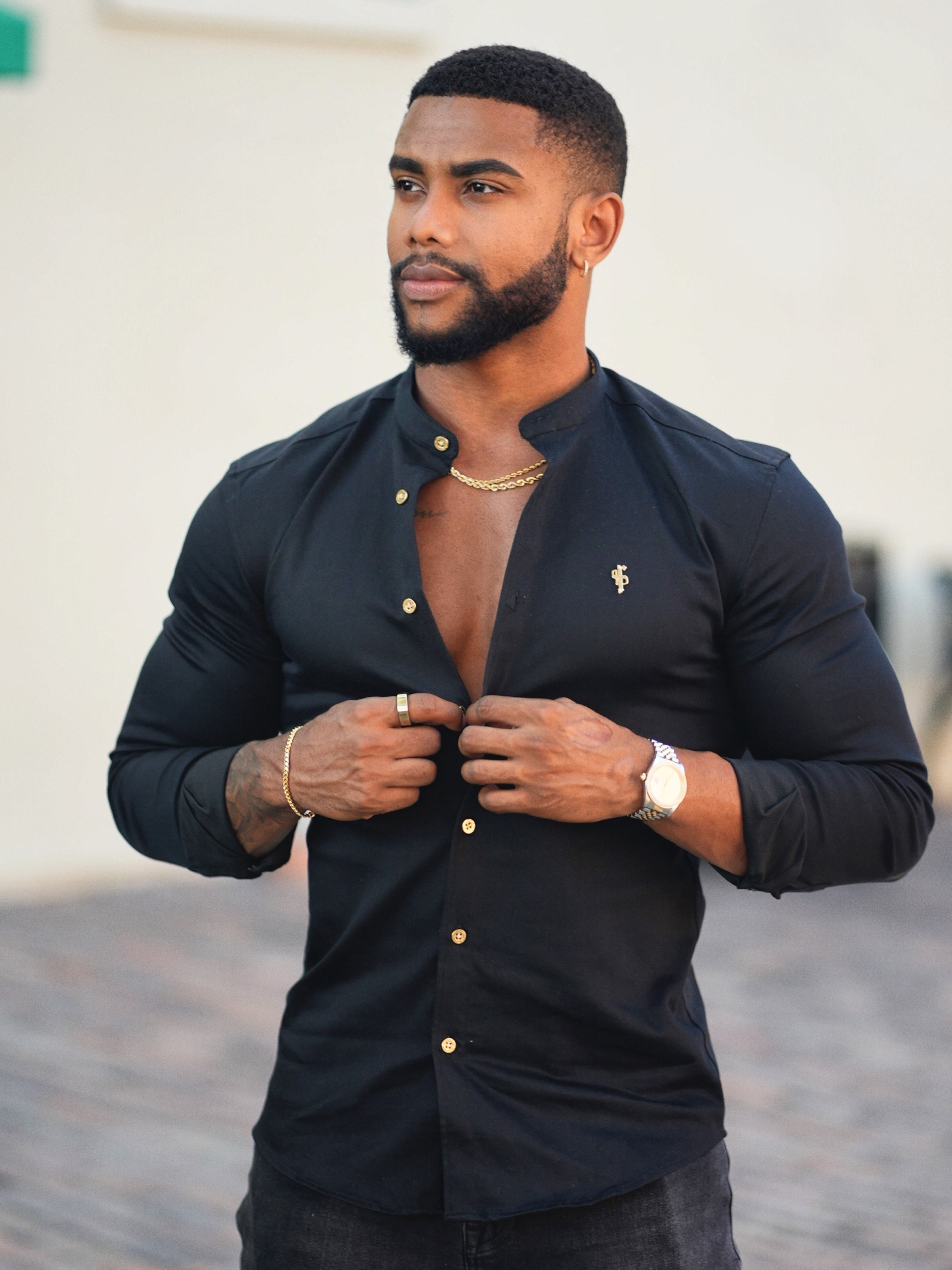 Super Slim Stretch Black Denim Long Sleeve Grandad collar with Metal Buttons and Decal Emblem - FS707