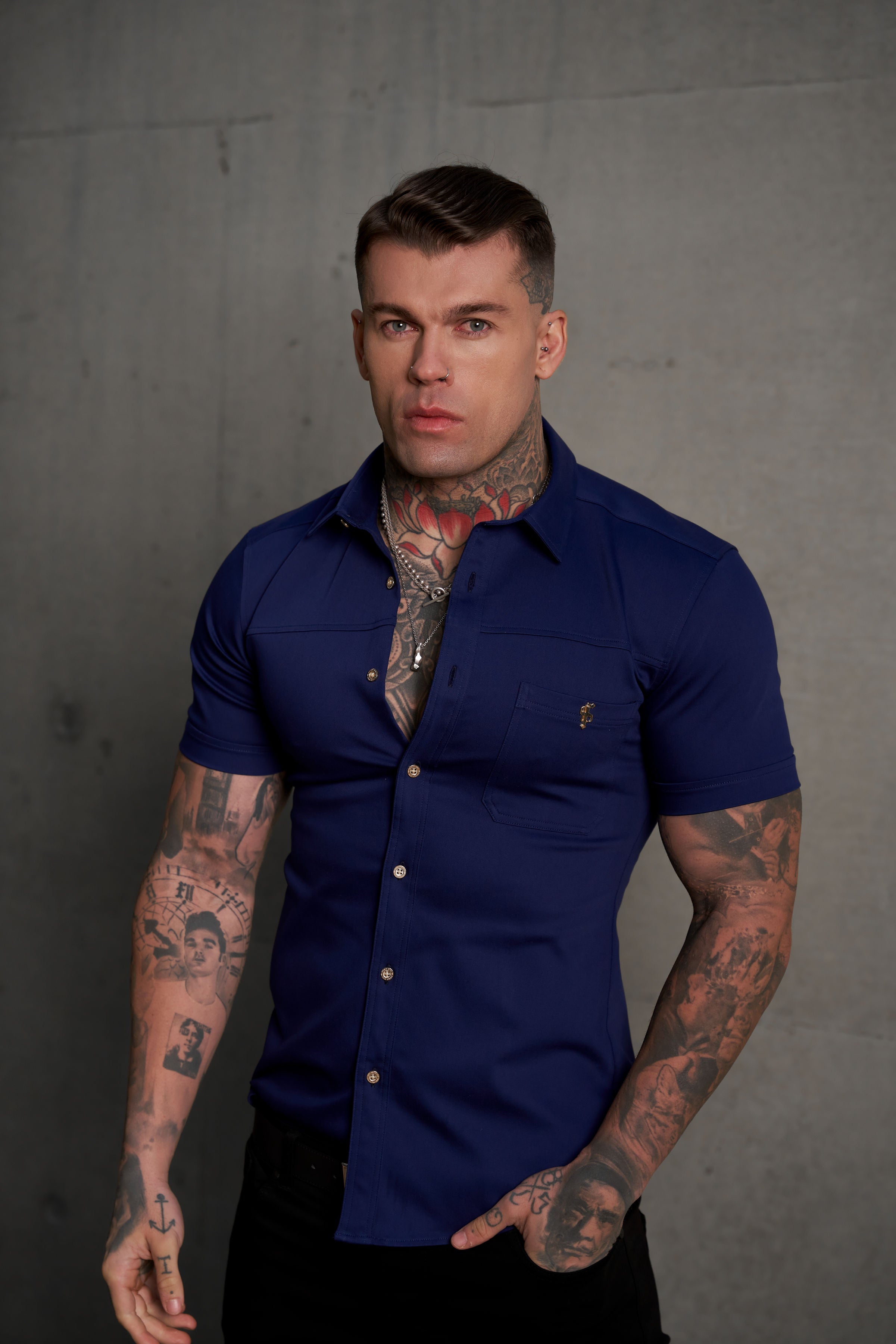 Super Slim Stretch Navy Denim Short Sleeve with Horizontal Seam and Pocket- FS959