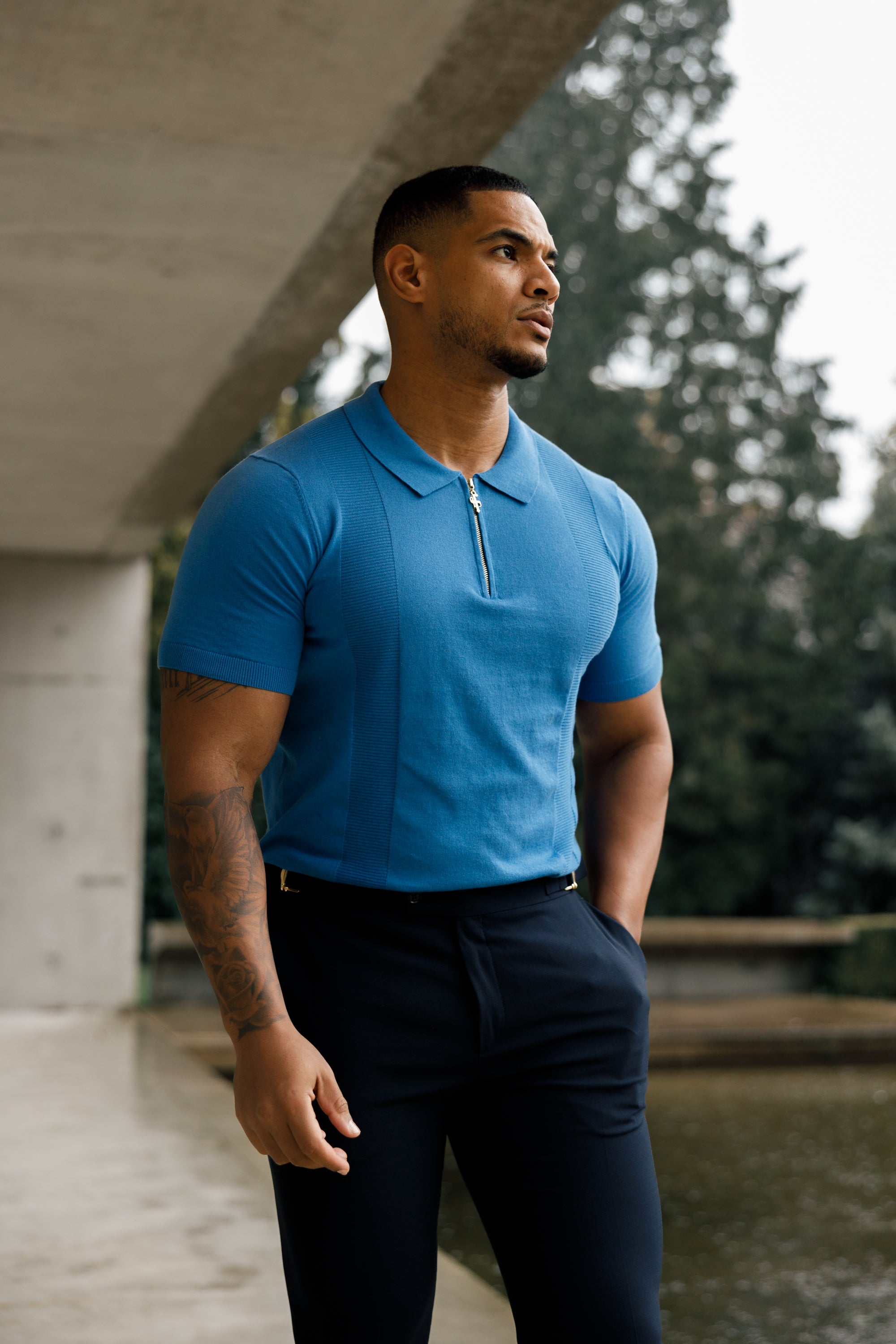 Classic Mid Blue and Gold Zip Knitted Polo Shirt Short Sleeve - FSN134