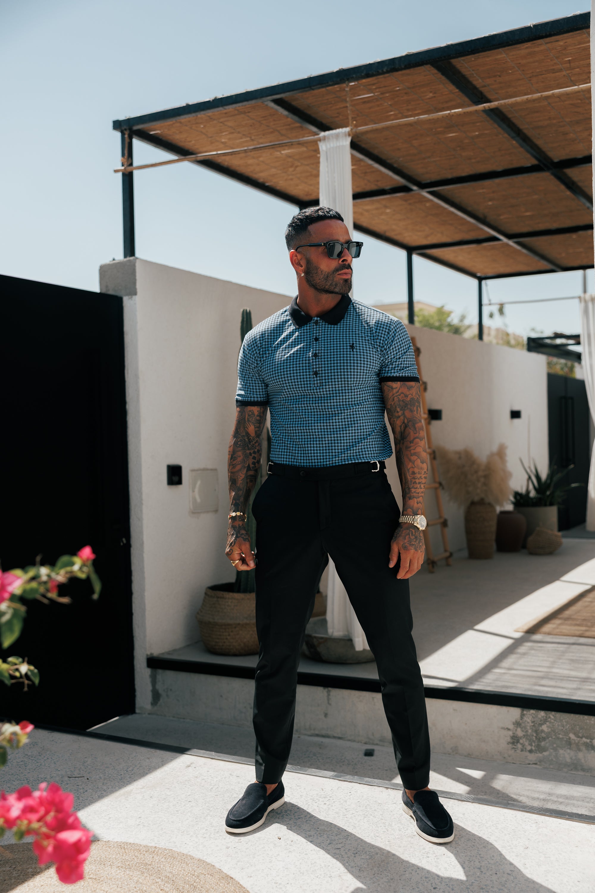 Black / Blue Printed Check Polo Shirt - FSH1262