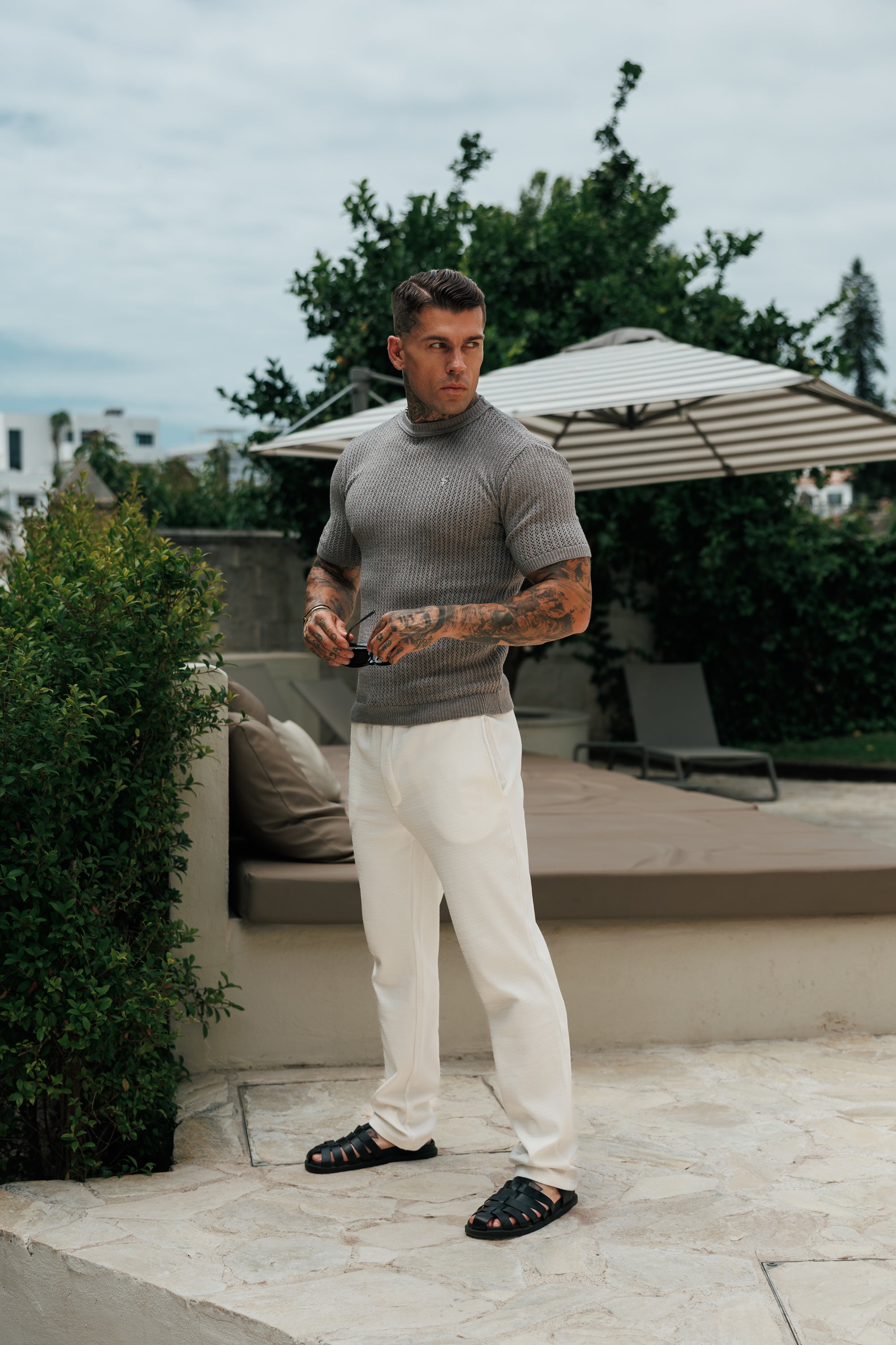 Light Grey Crochet Viscose Plain Knitted Short Sleeve T-Shirt - FSJ190 (PRE ORDER 12TH AUGUST)