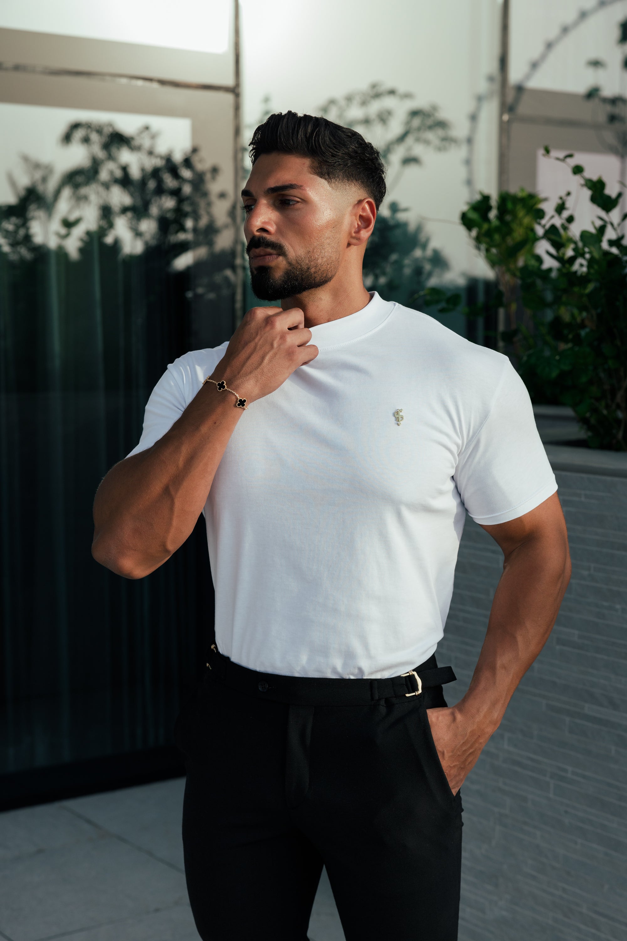 Ribbed High Neck Crew Short Sleeve White / Gold - FSH1006