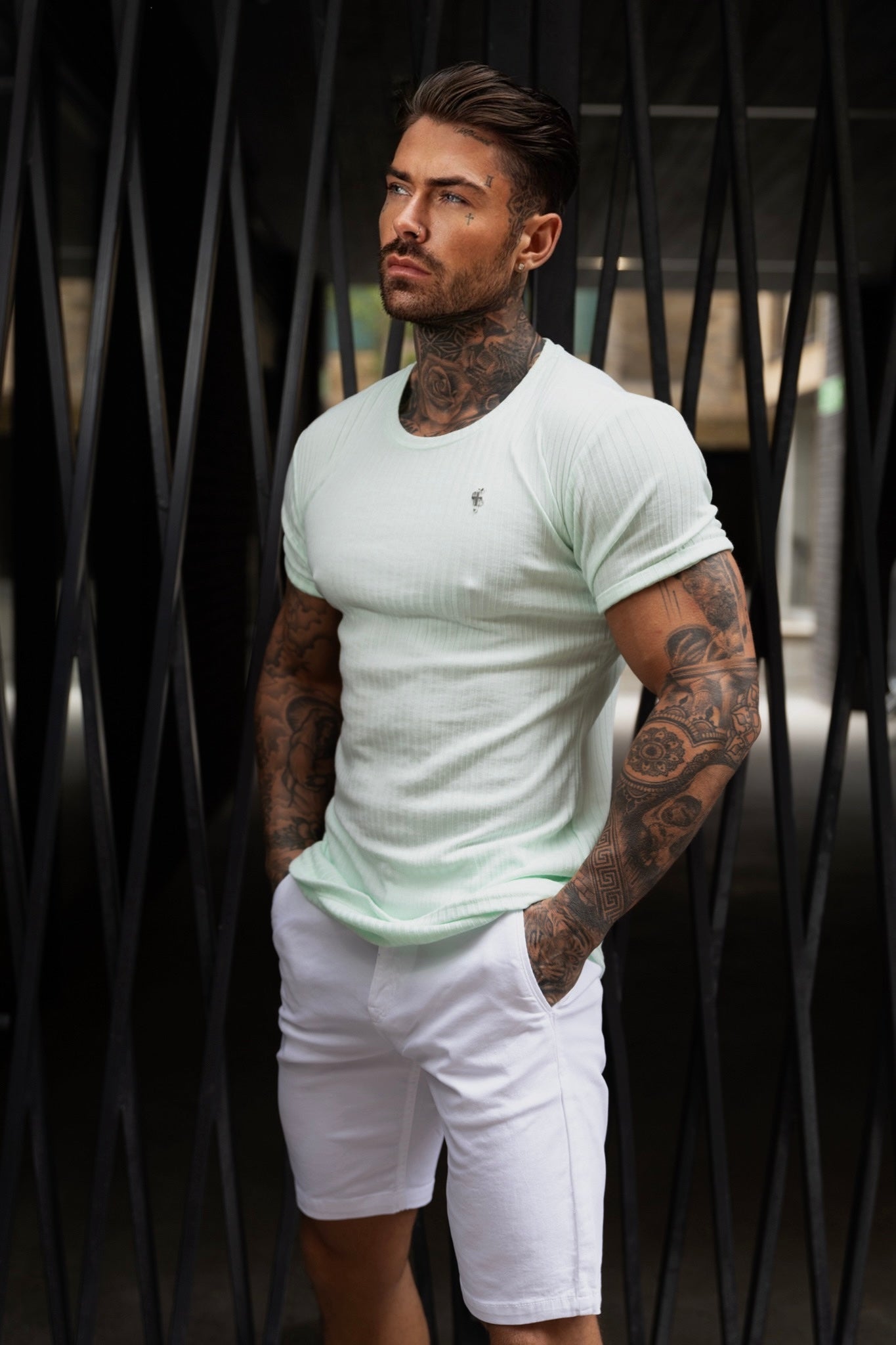 Classic Mint / Silver Ribbed Knit Super Slim Short Sleeve Crew - FSH1094