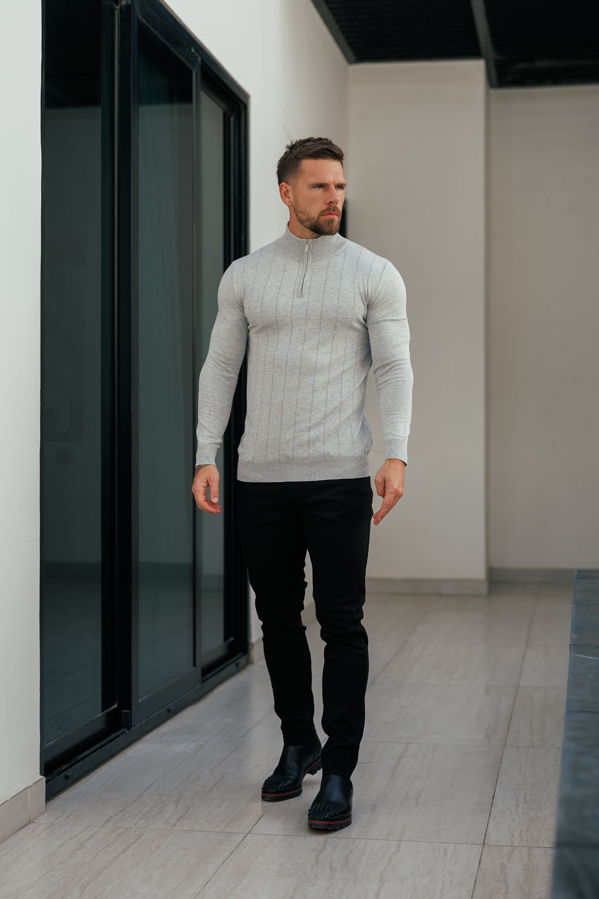 Self Stripe 1/4 Zip Funnel Neck Knit Jumper Silver Grey Long Sleeve - FSR051