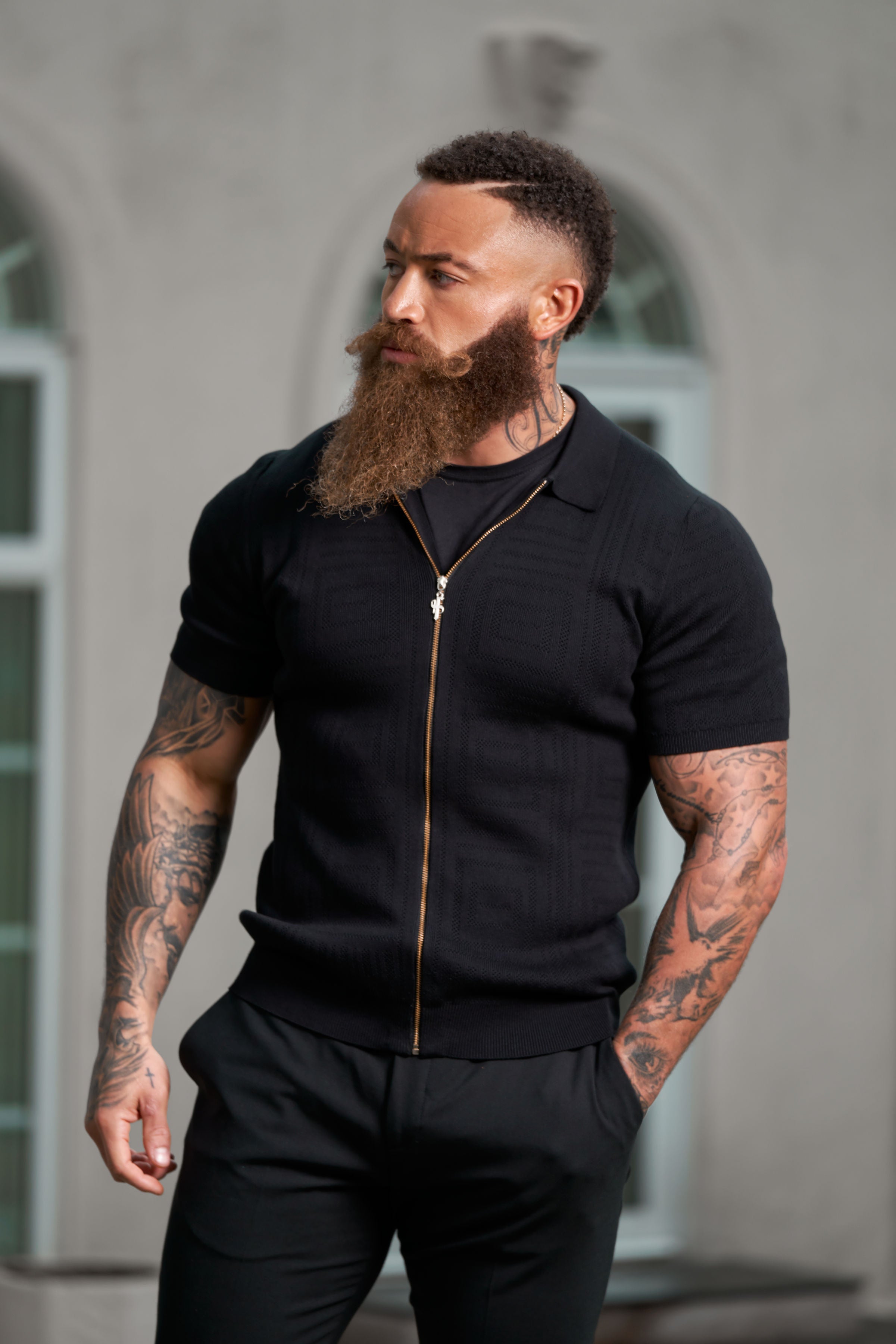 Classic Knitted Geo Design With Full Length Zip Black Short Sleeve - FSN147