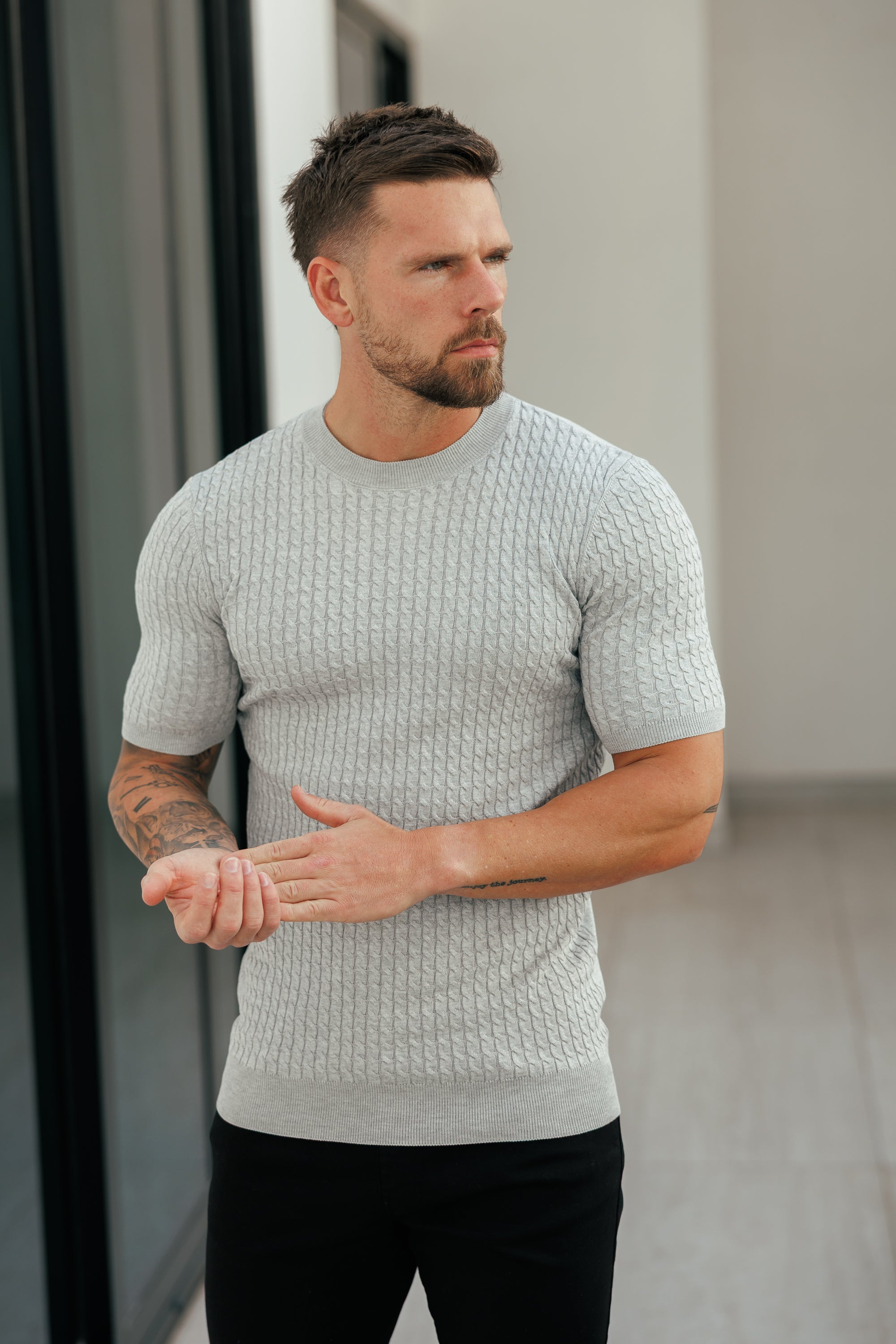 Front Chain Knit Crew Tshirt Silver Grey Short Sleeve - FSR056