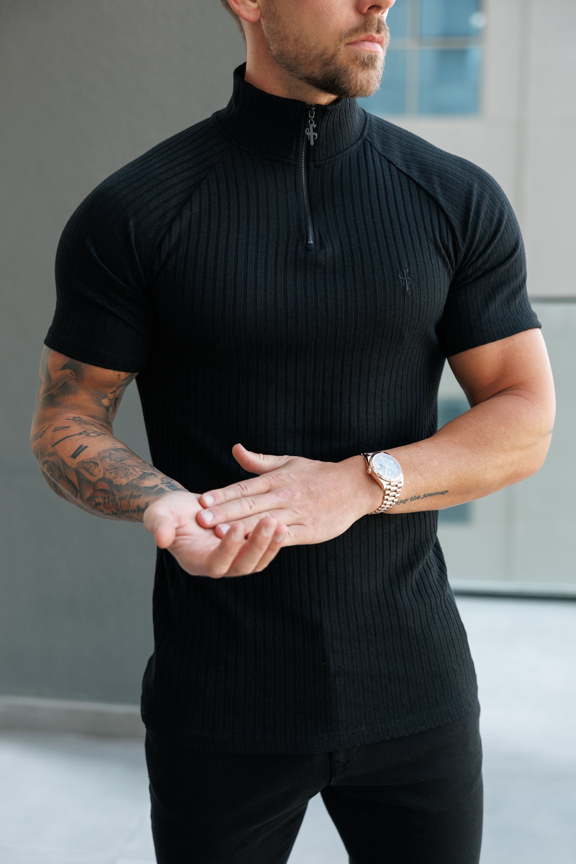 Classic Black Ribbed Zip Funnel Neck Raglan Short Sleeve Crew - FSH729