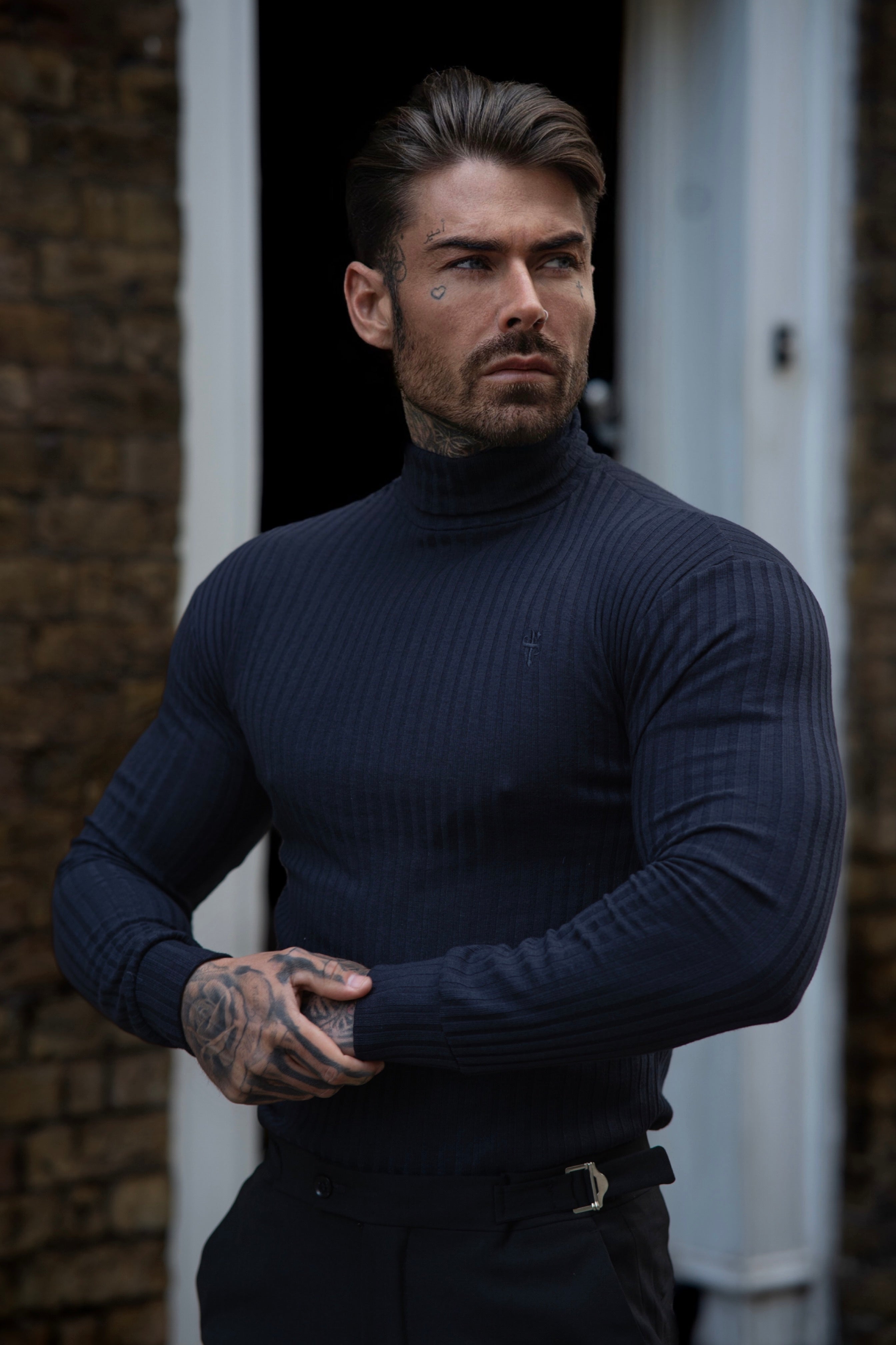 Classic Navy Ribbed Knit Roll-neck Jumper - FSH957