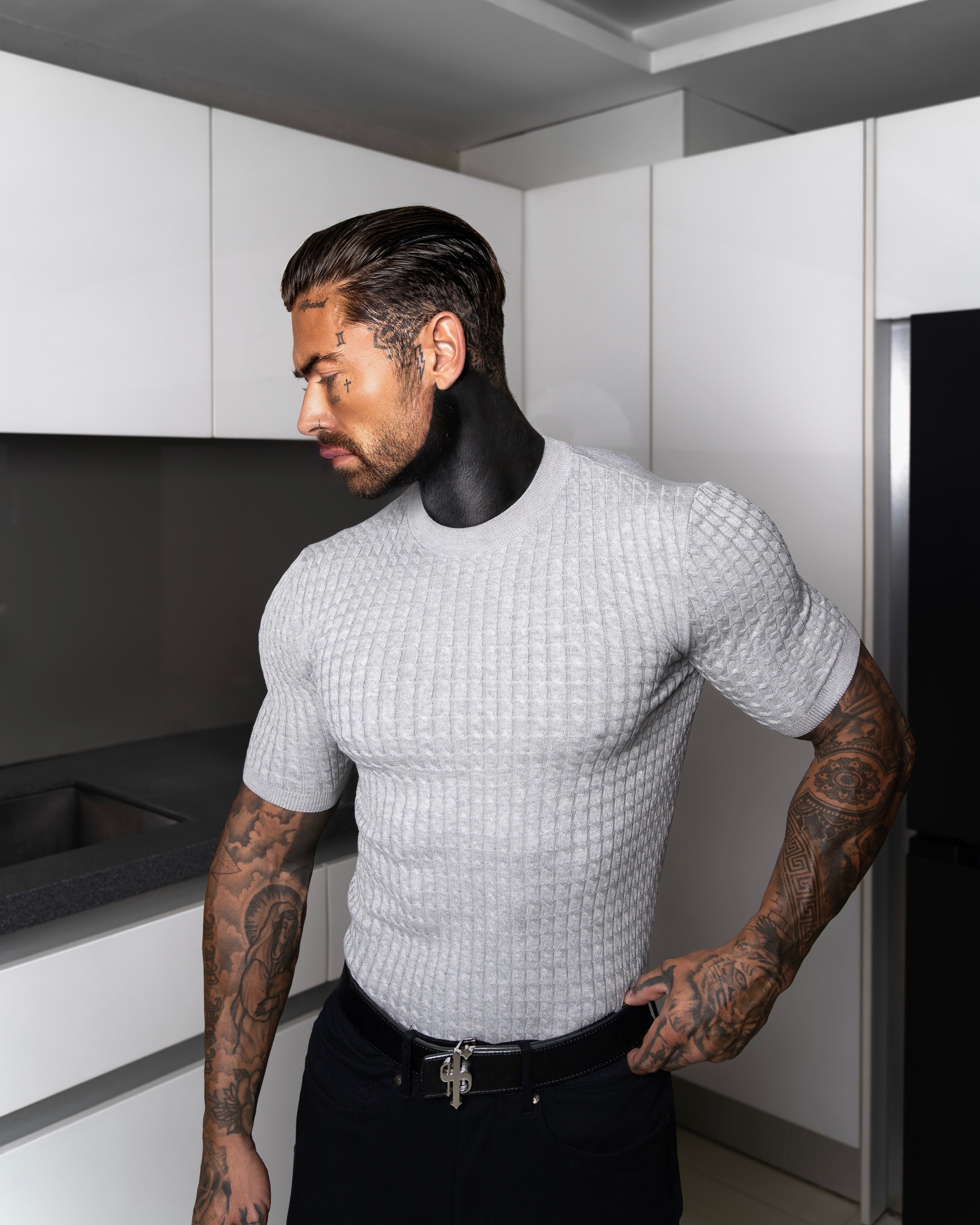 Front Chain Knit Crew Tshirt Silver Grey Short Sleeve - FSR056