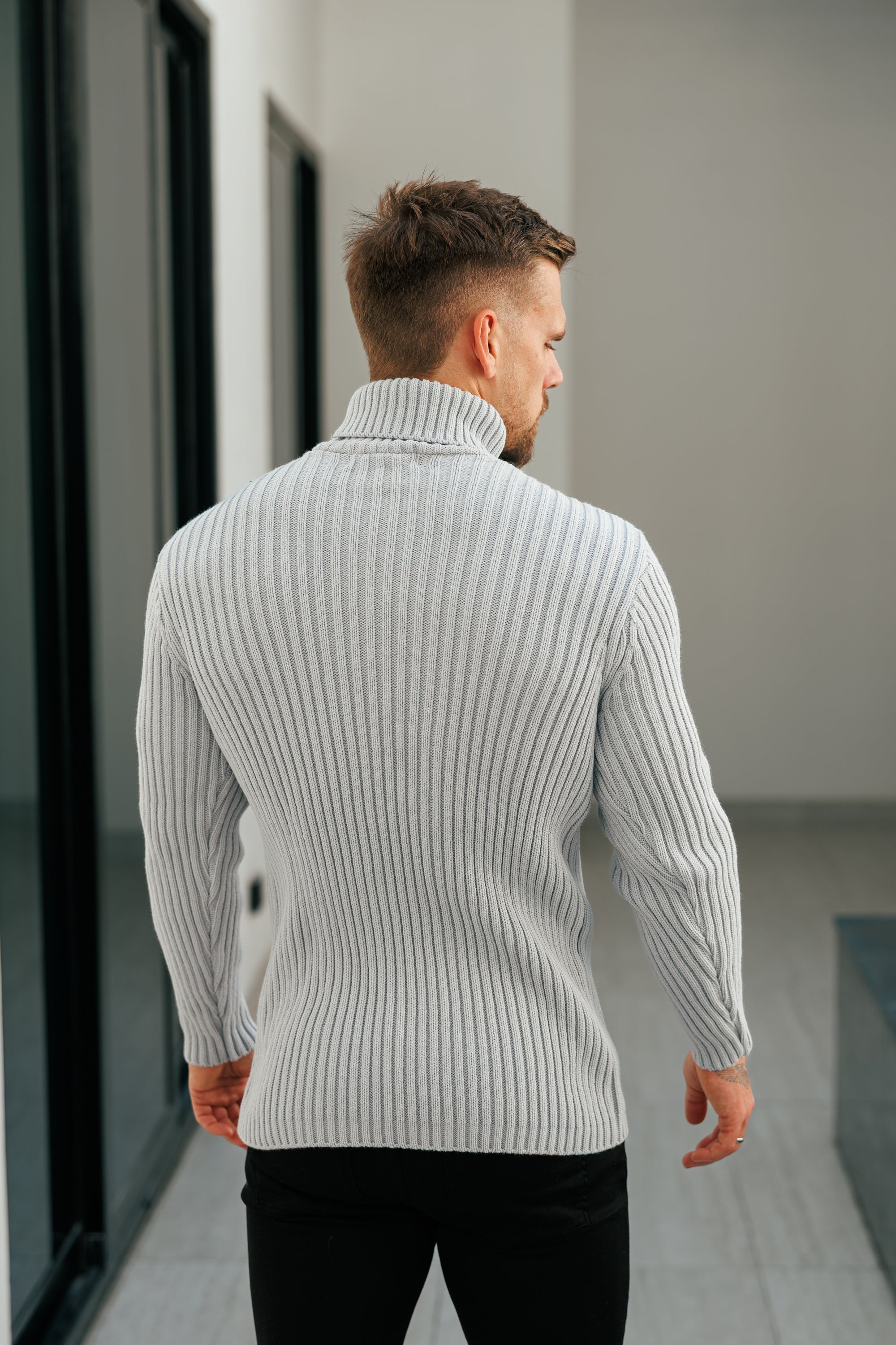 Ribbed Knit Cop Grey Roll Neck Jumper - FSJ116