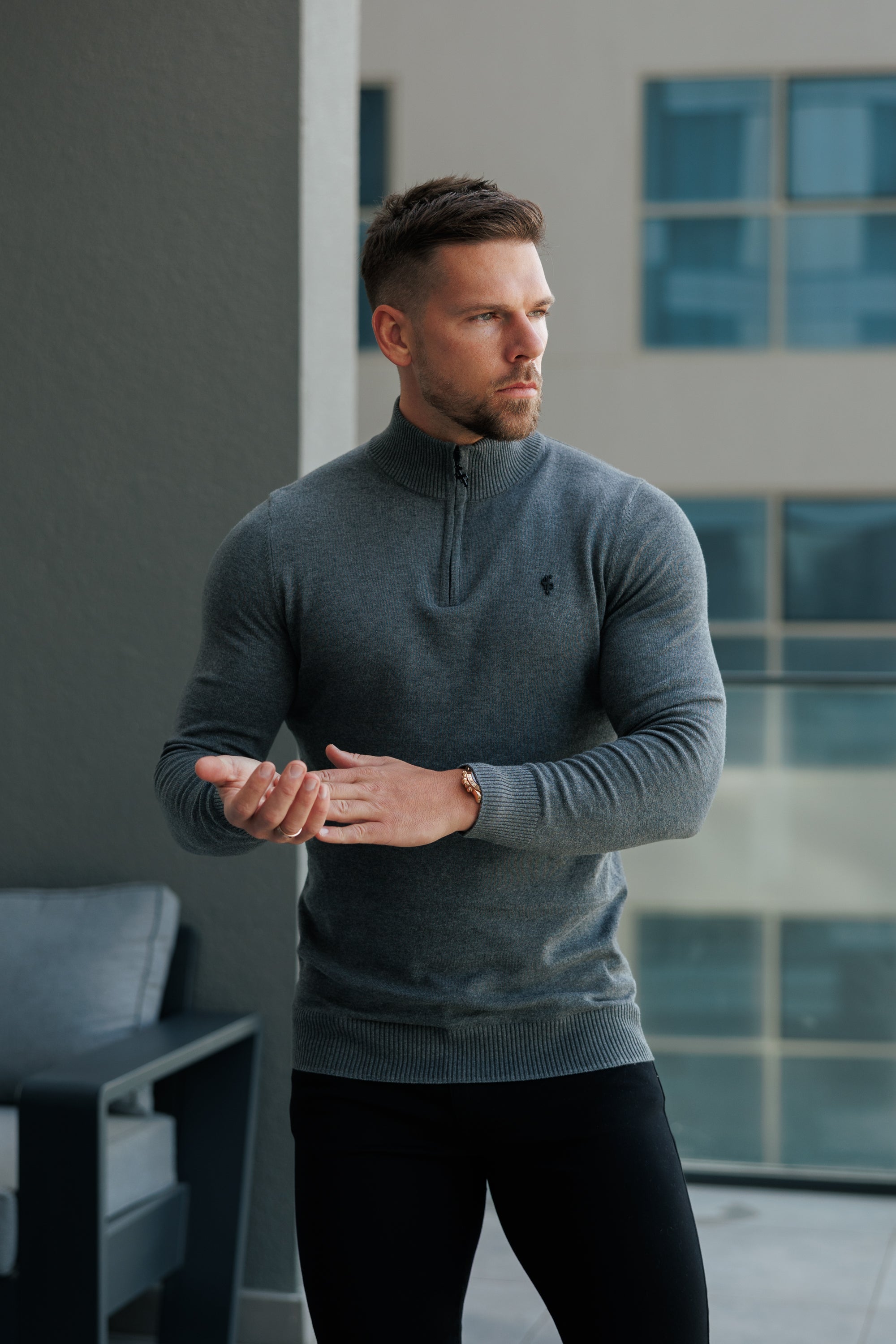 Charcoal Funnel Neck Knitted Jumper With FS Branding - FSN192