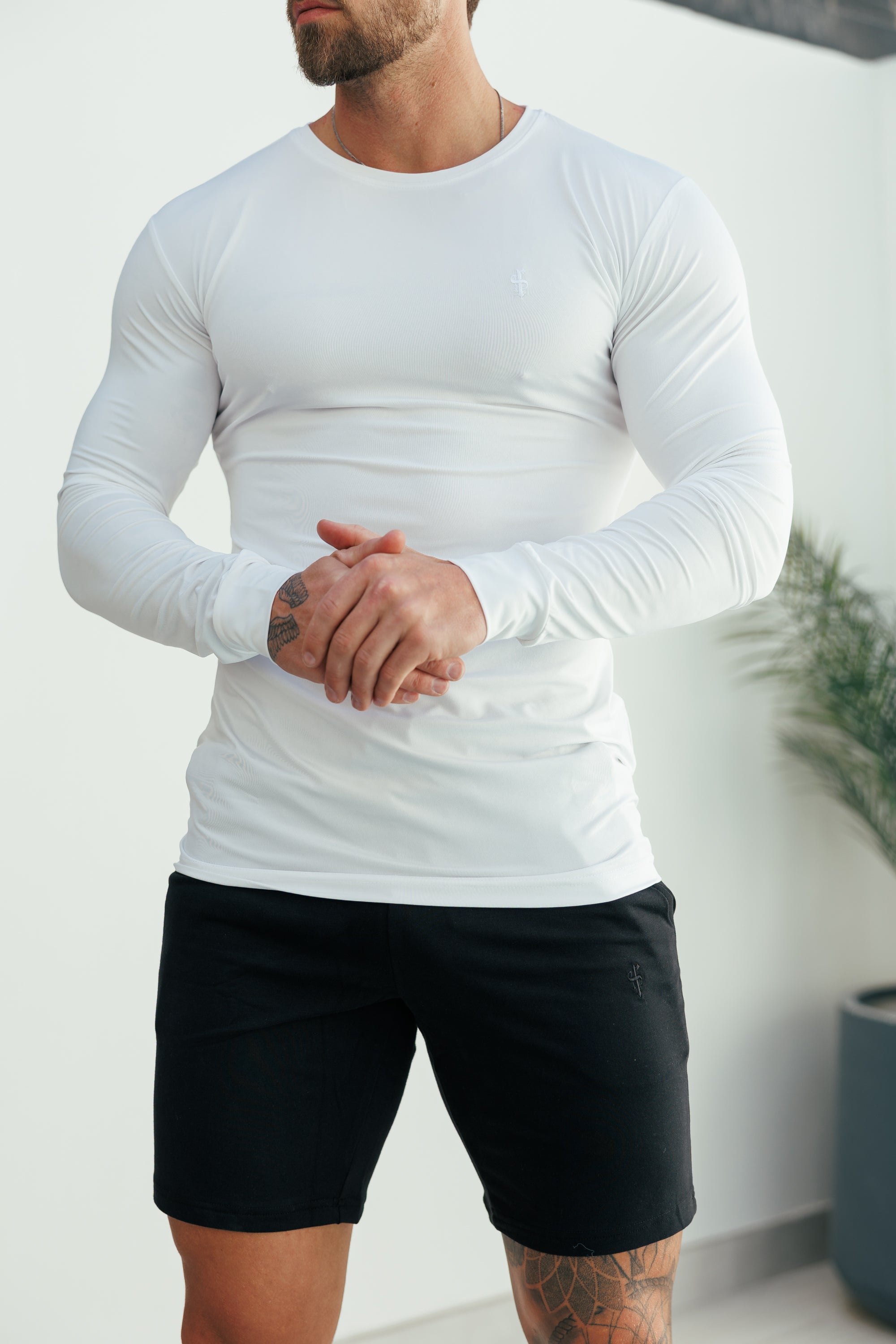 Muscle Fit Long Sleeve White Tonal Gym Crew Top - FSH885