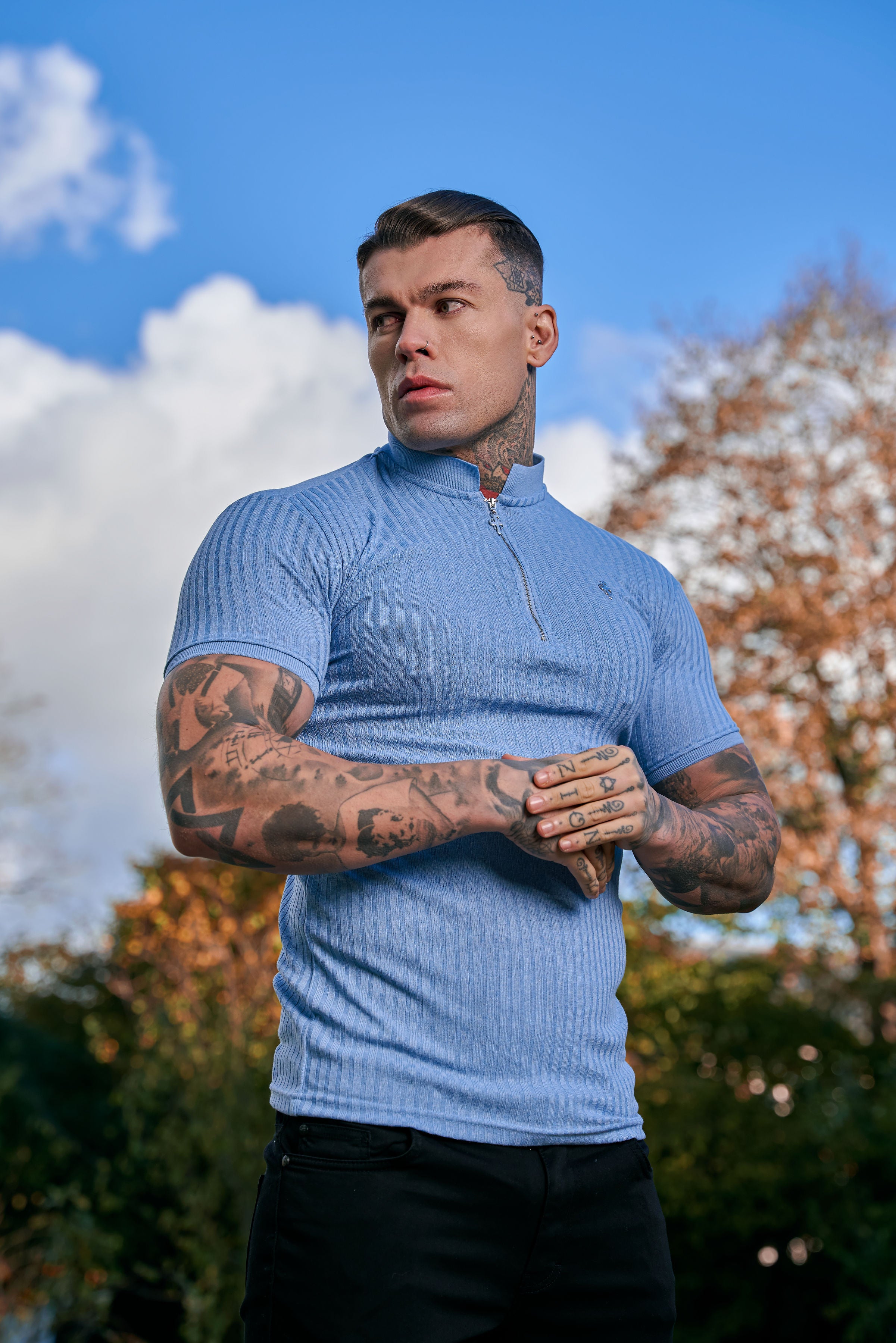 Classic Baby Blue Ribbed Silver Zip Grandad Collar Shirt Short Sleeve - FSH919