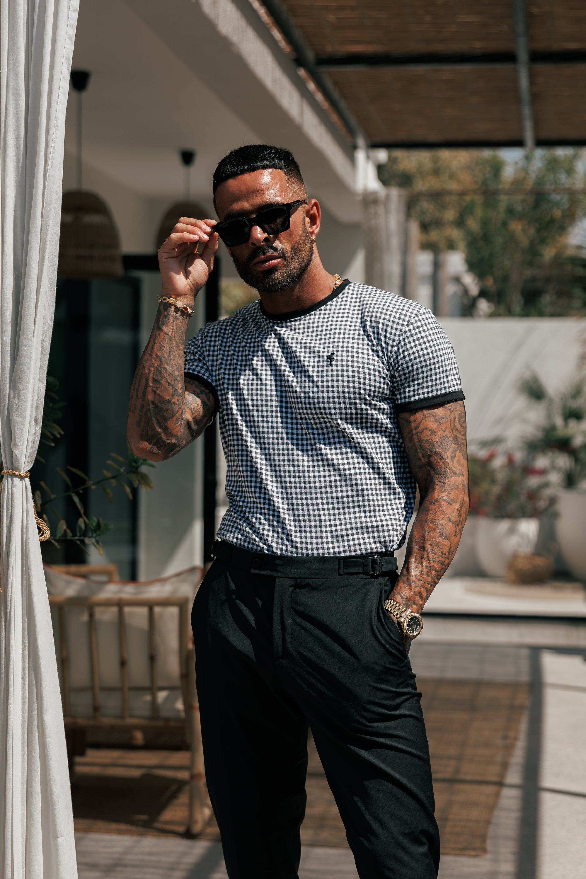 Printed Black / White Check Fitted T Shirt - FSH1238