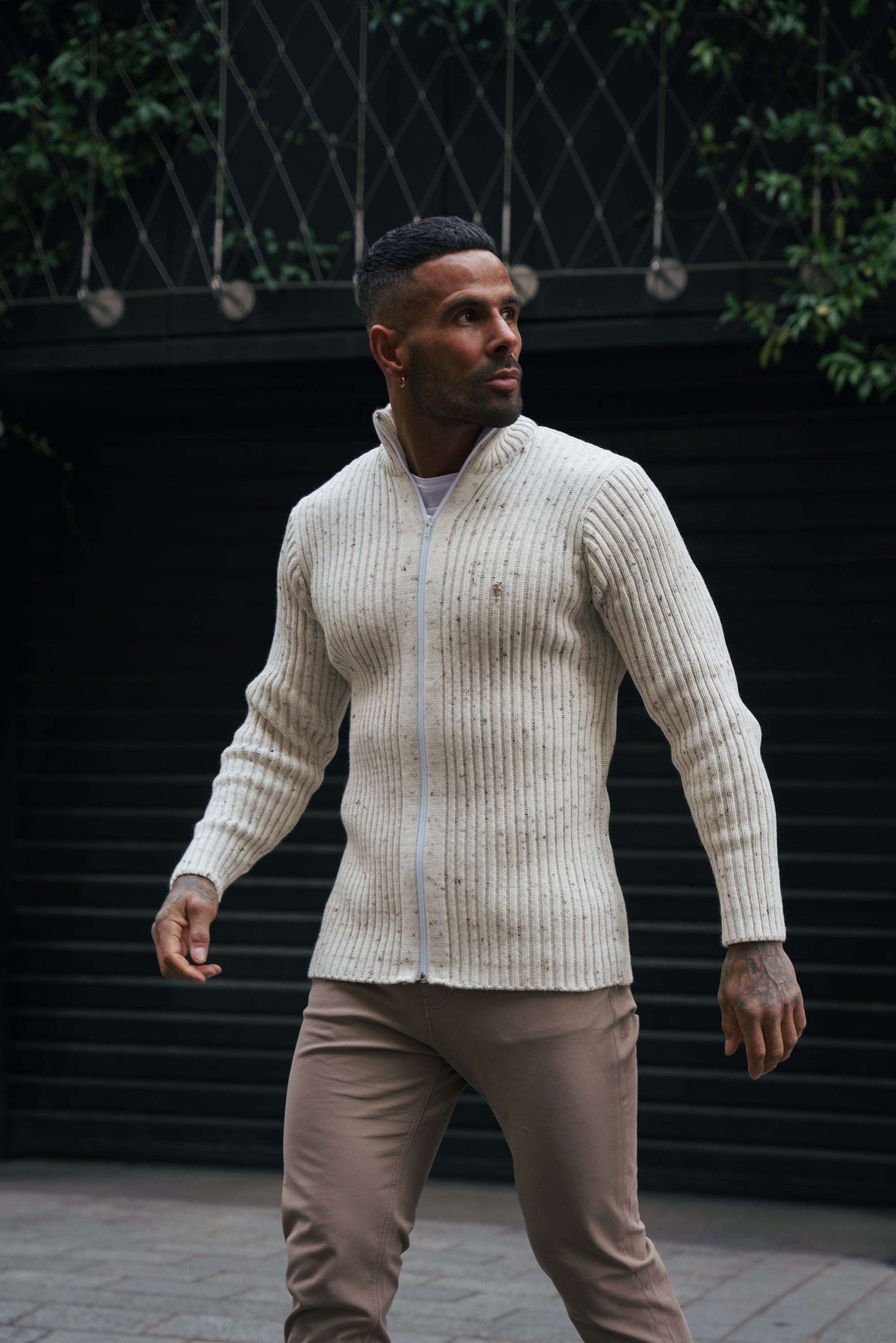 Chunky Beige Flecks Ribbed Zipped Cardigan - FSJ070