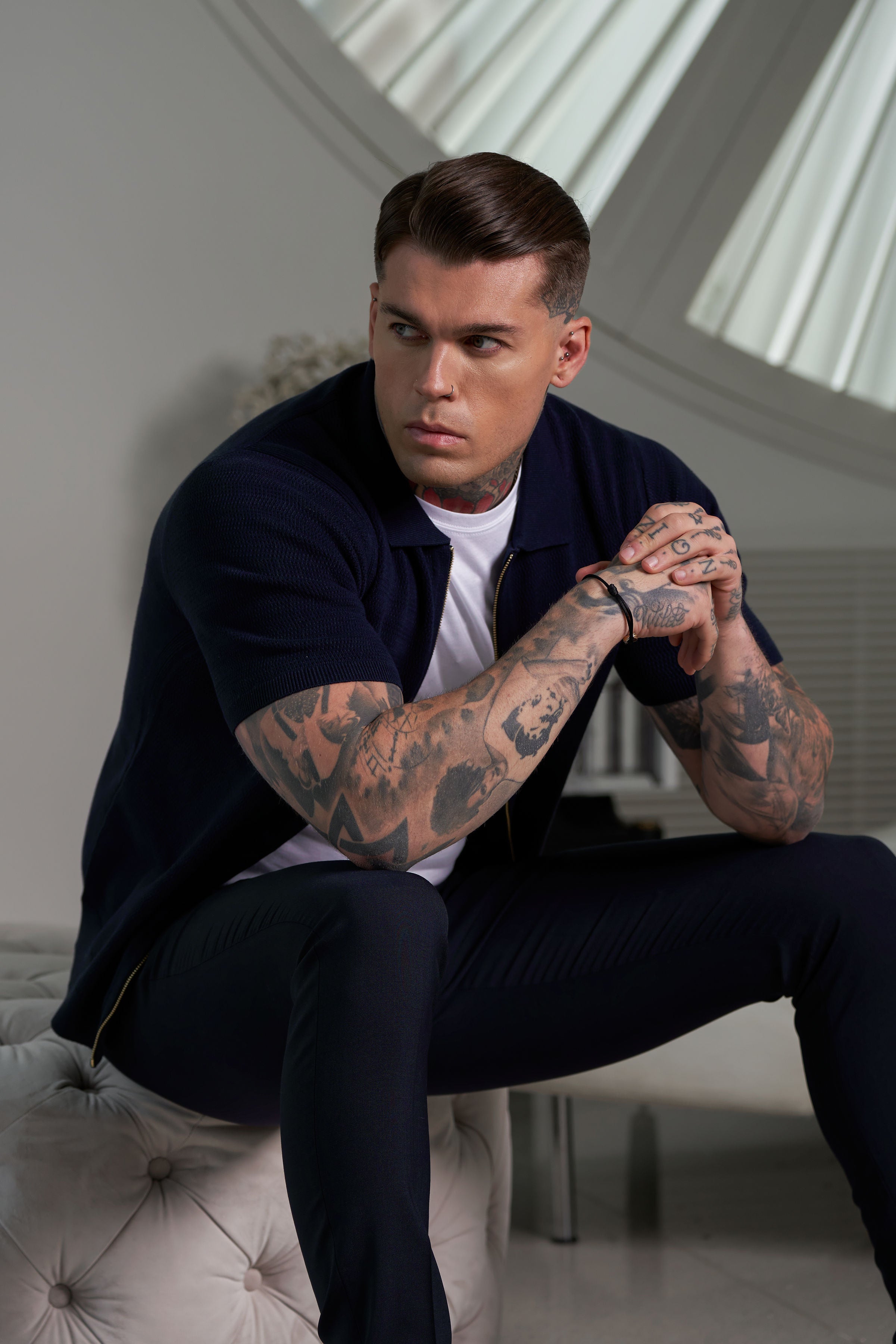Classic Knitted Textured Design With Full Length Zip Navy Short Sleeve - FSN153