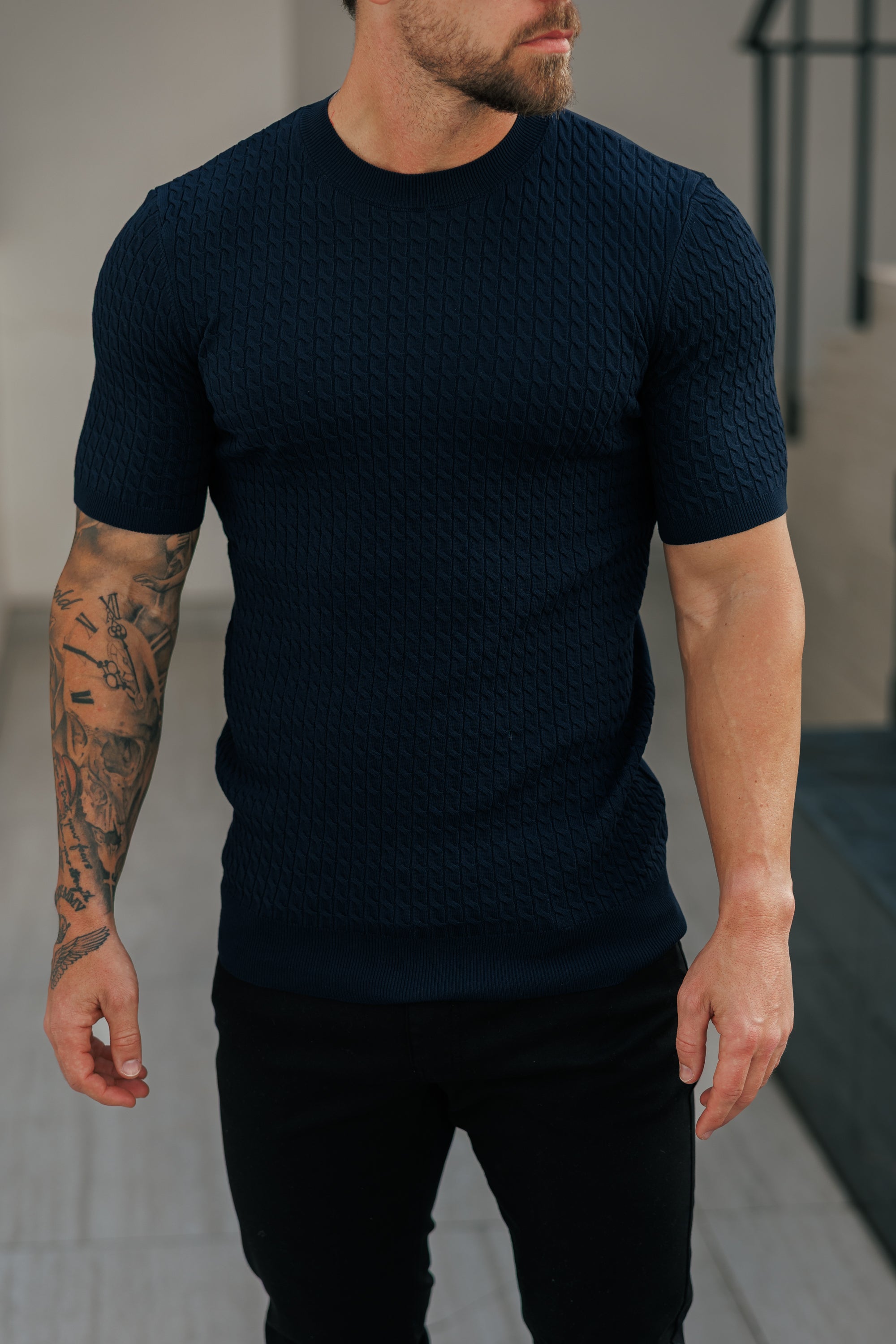 Front Chain Knit Crew Tshirt Navy Short Sleeve - FSR054