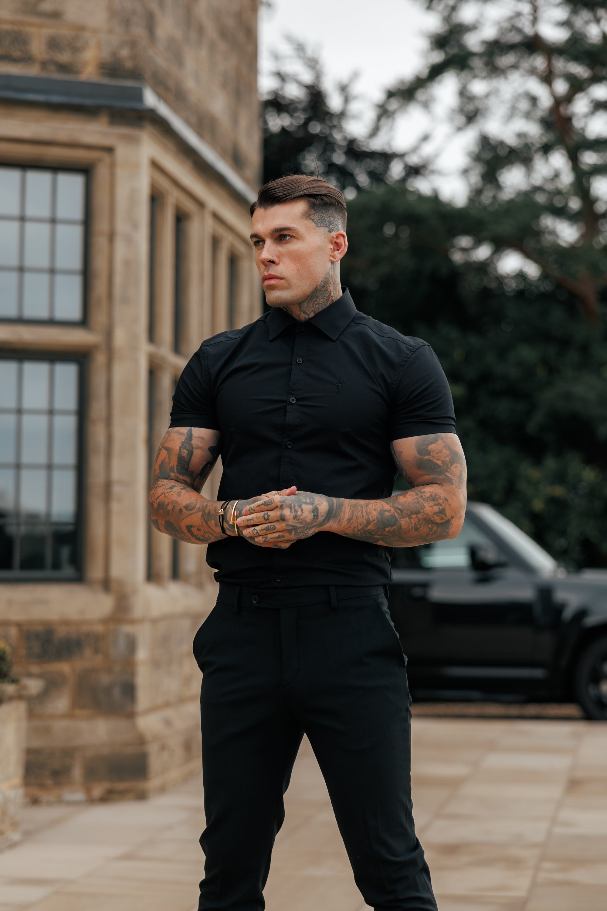 Muscle Fit Advanced Stretch Black Short Sleeve with Cutaway Collar - FS1159