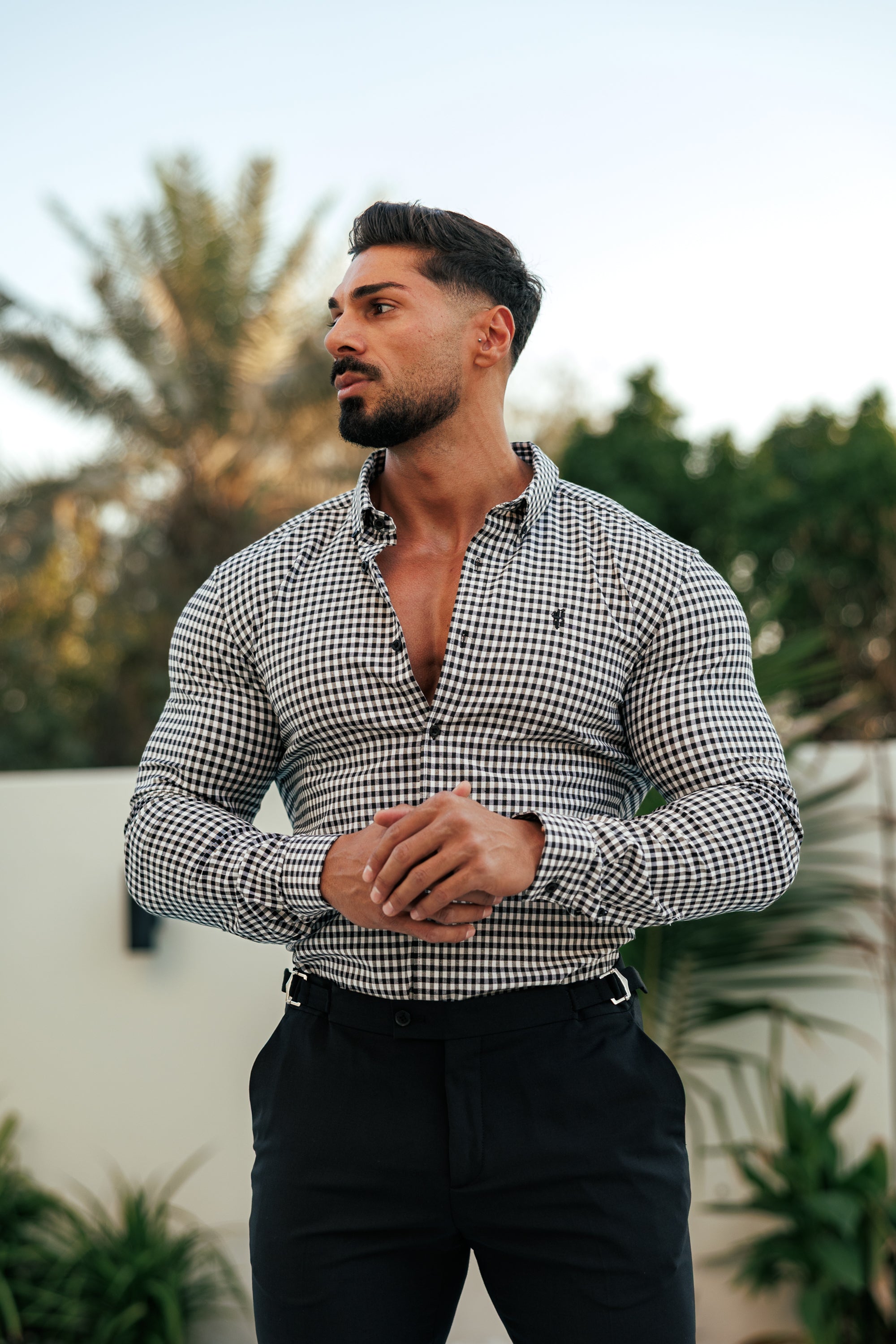 Super Slim Stretch White / Black Check Long Sleeve with Button Down Collar - FS1069