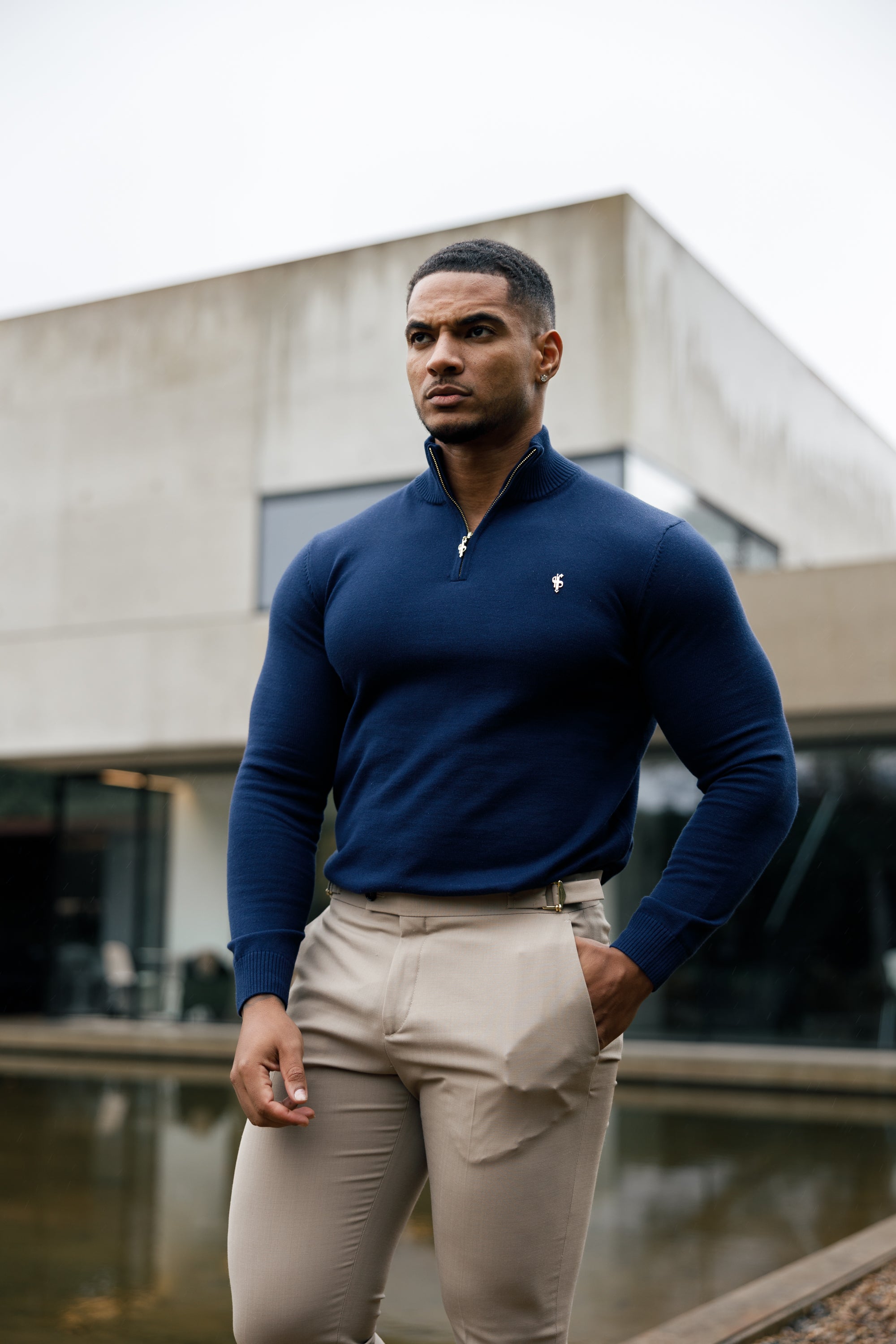 Navy Funnel Neck 1/2 Zip Knitted Jumper - FSN122
