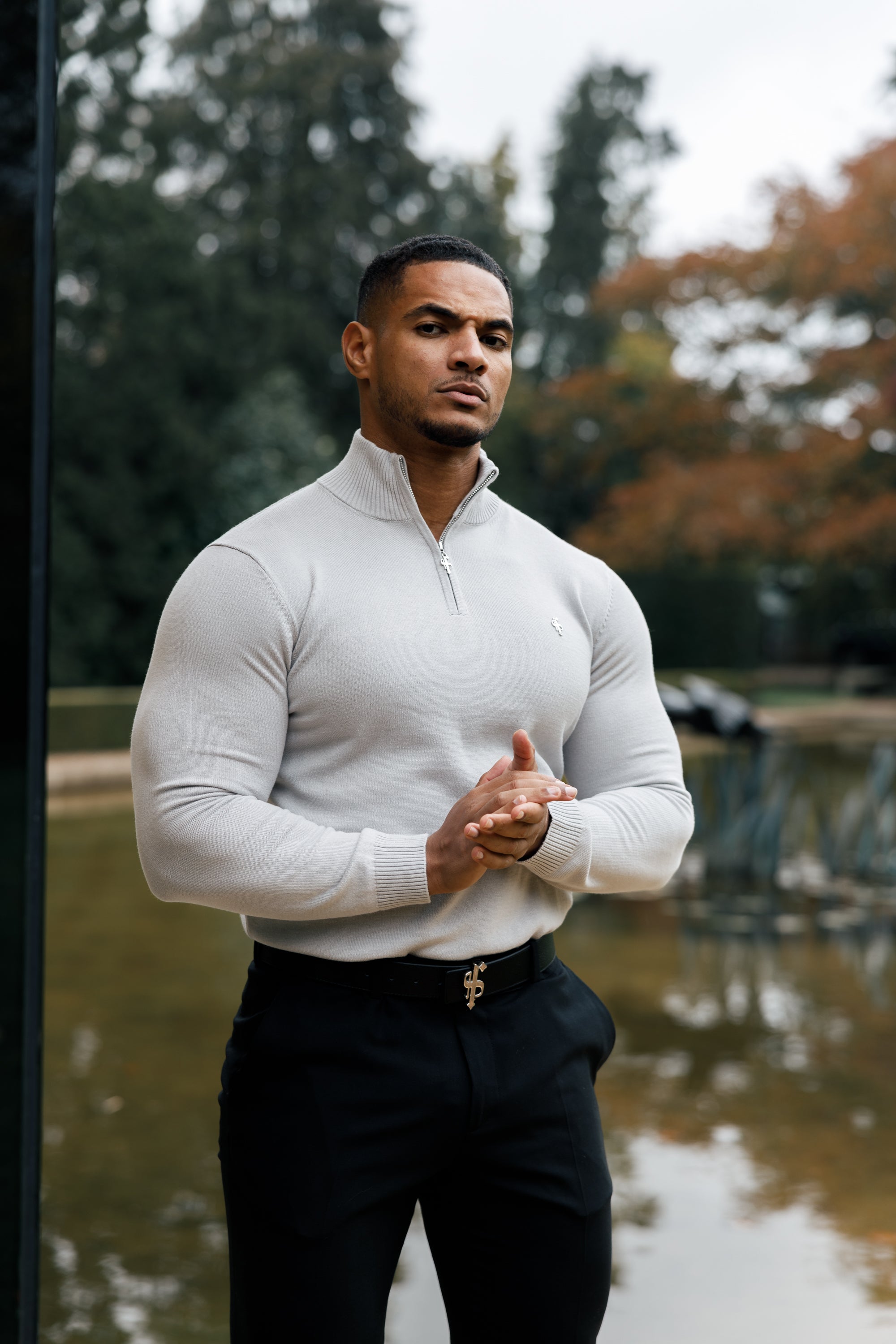 Silver Grey Funnel Neck 1/2 Zip Knitted Jumper - FSN123