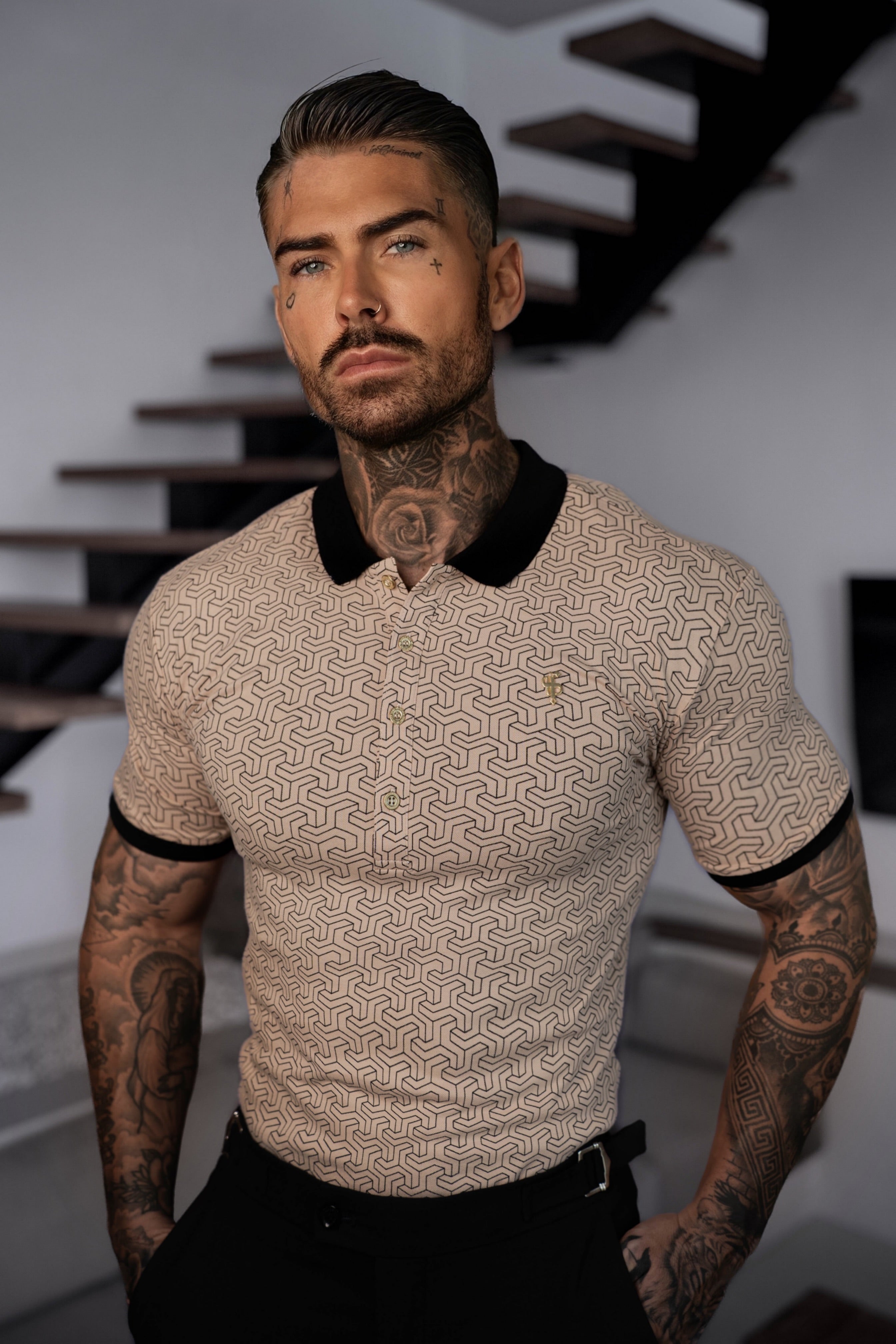 Black / Beige Geo Printed Polo Shirt - FSH1234