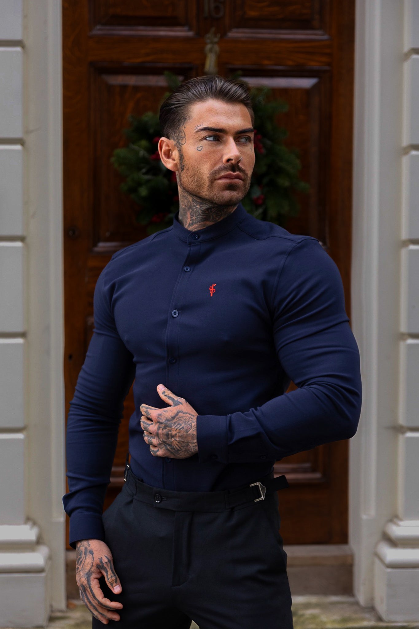 Super Slim Scuba Navy / Red Long Sleeve Stretch with Grandad Collar - FS1000