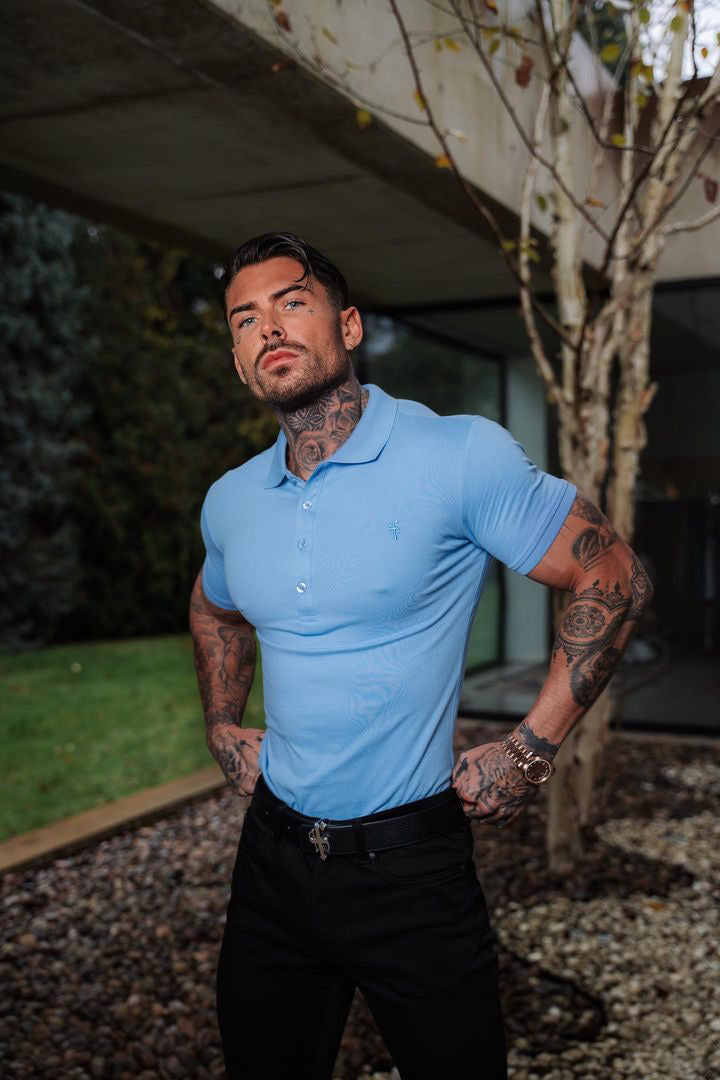 Classic Light Blue Polo Shirt with Tonal Button and Embroidery - FSH880