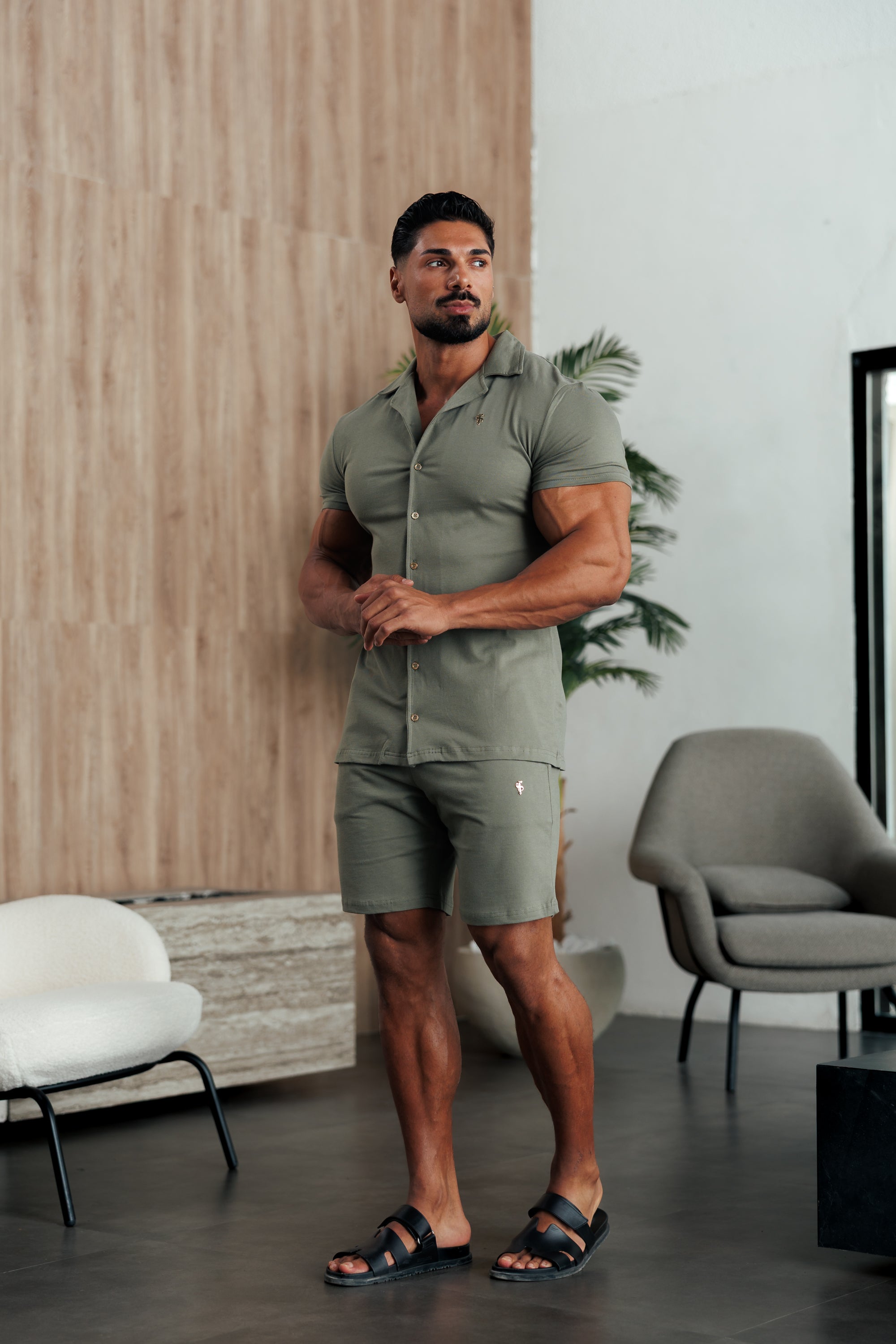 Stretch Olive / Gold Pique Revere Shirt Short Sleeve - FSH1387