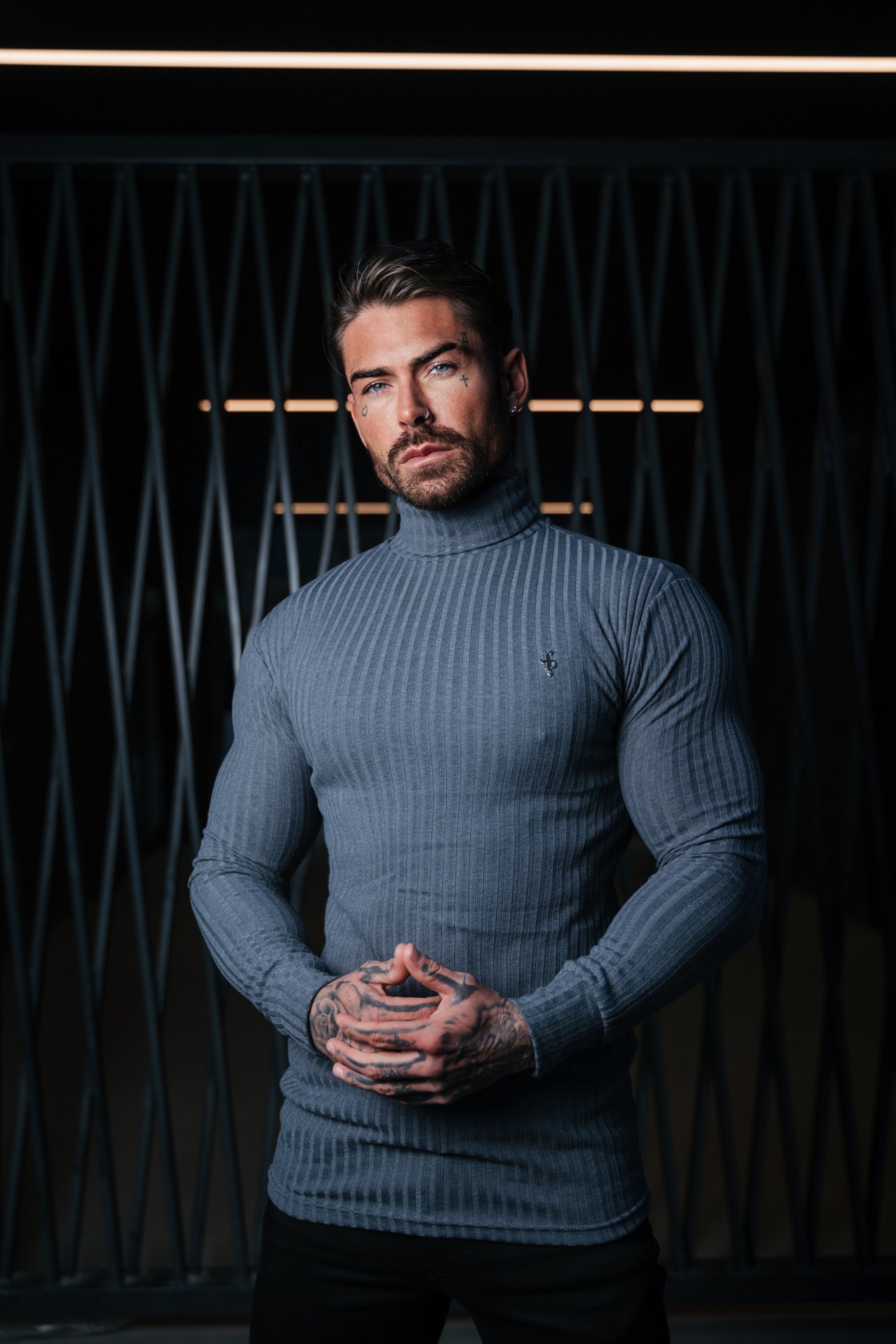Super Slim Charcoal / Silver Ribbed Knit Roll-neck Jumper - FSH955