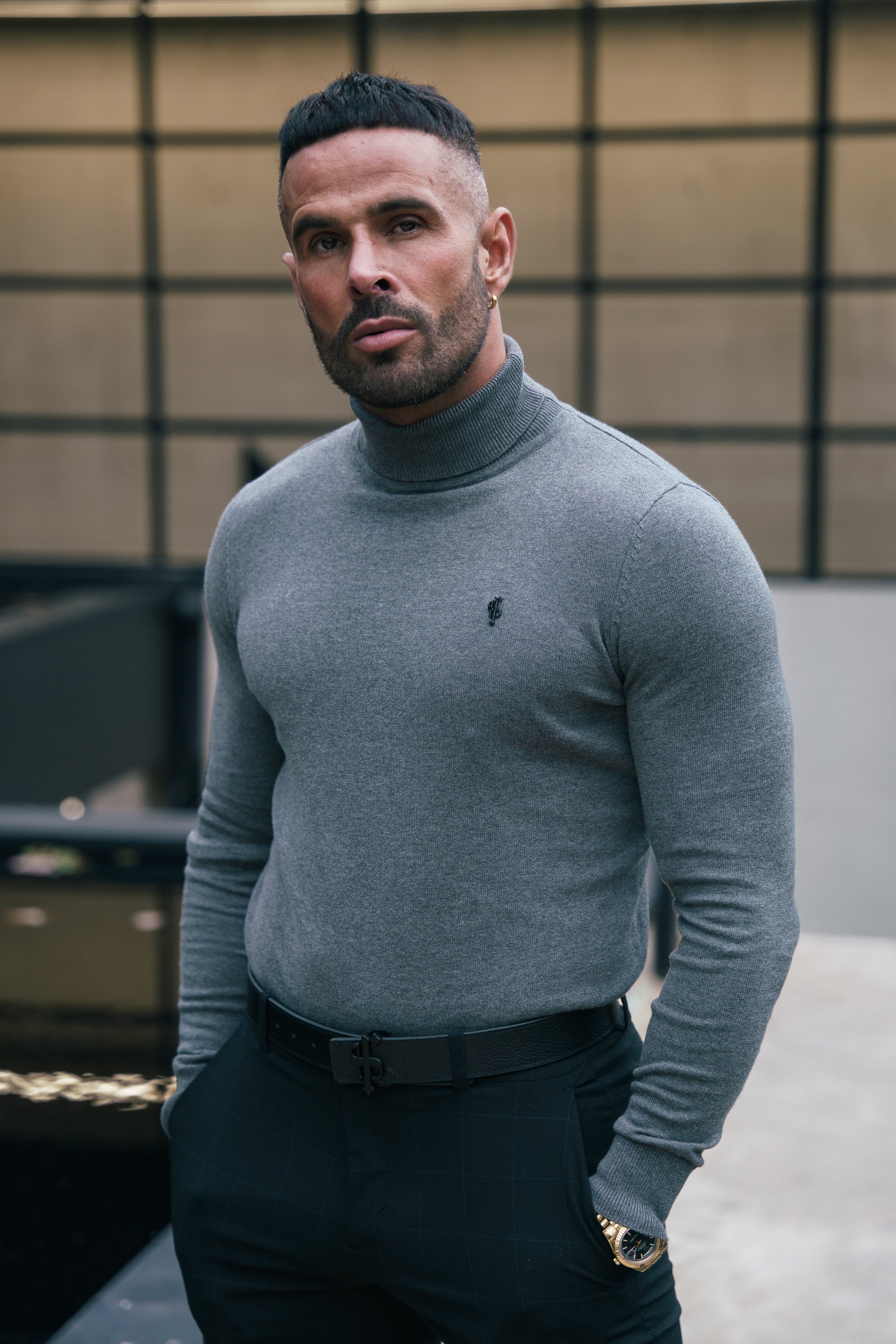 Charcoal Roll Neck Knitted Jumper With FS Branding - FSN207