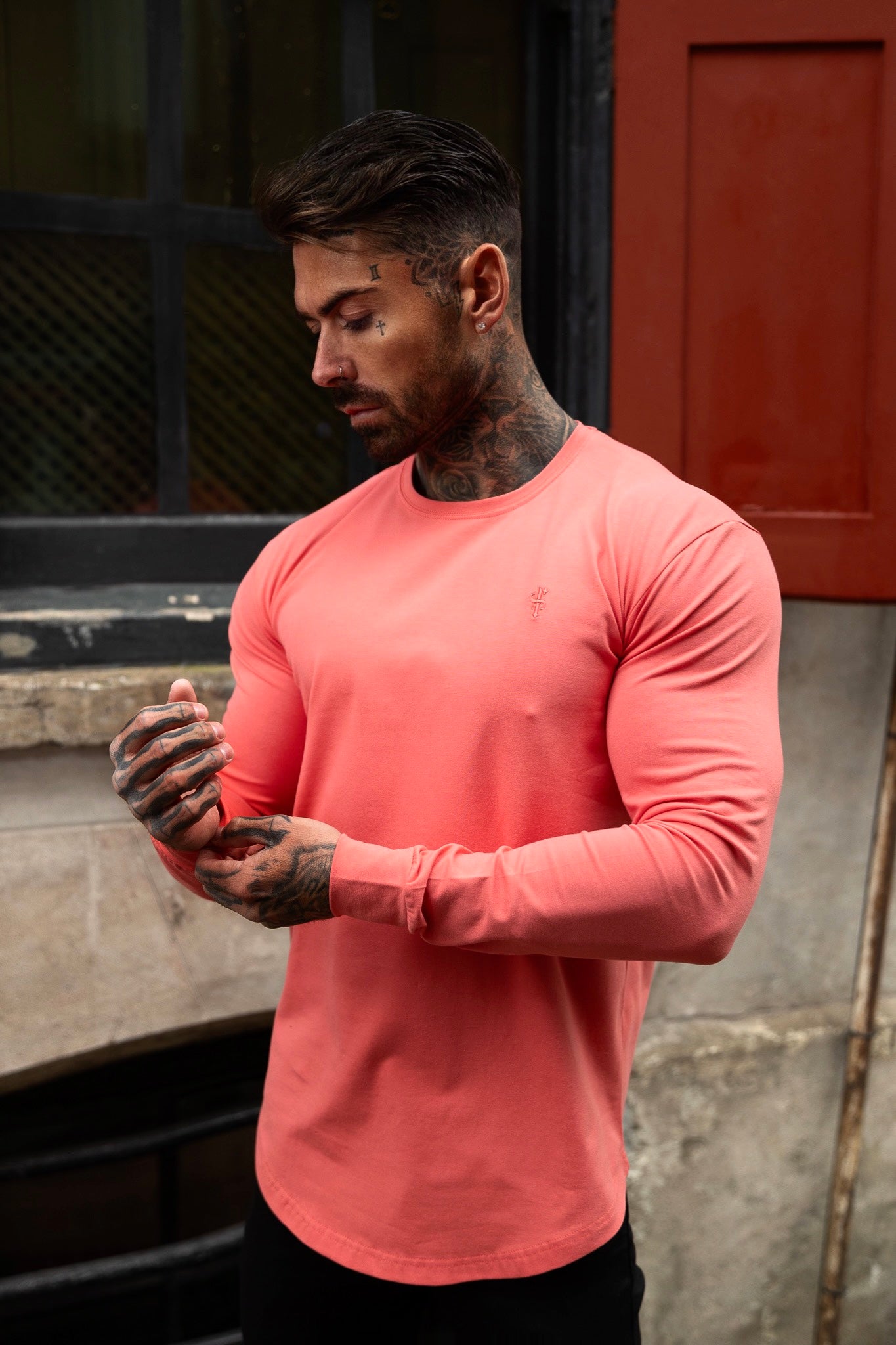 Classic Coral Tonal Curved Hem Long Sleeve Crew T Shirt - FSH1000
