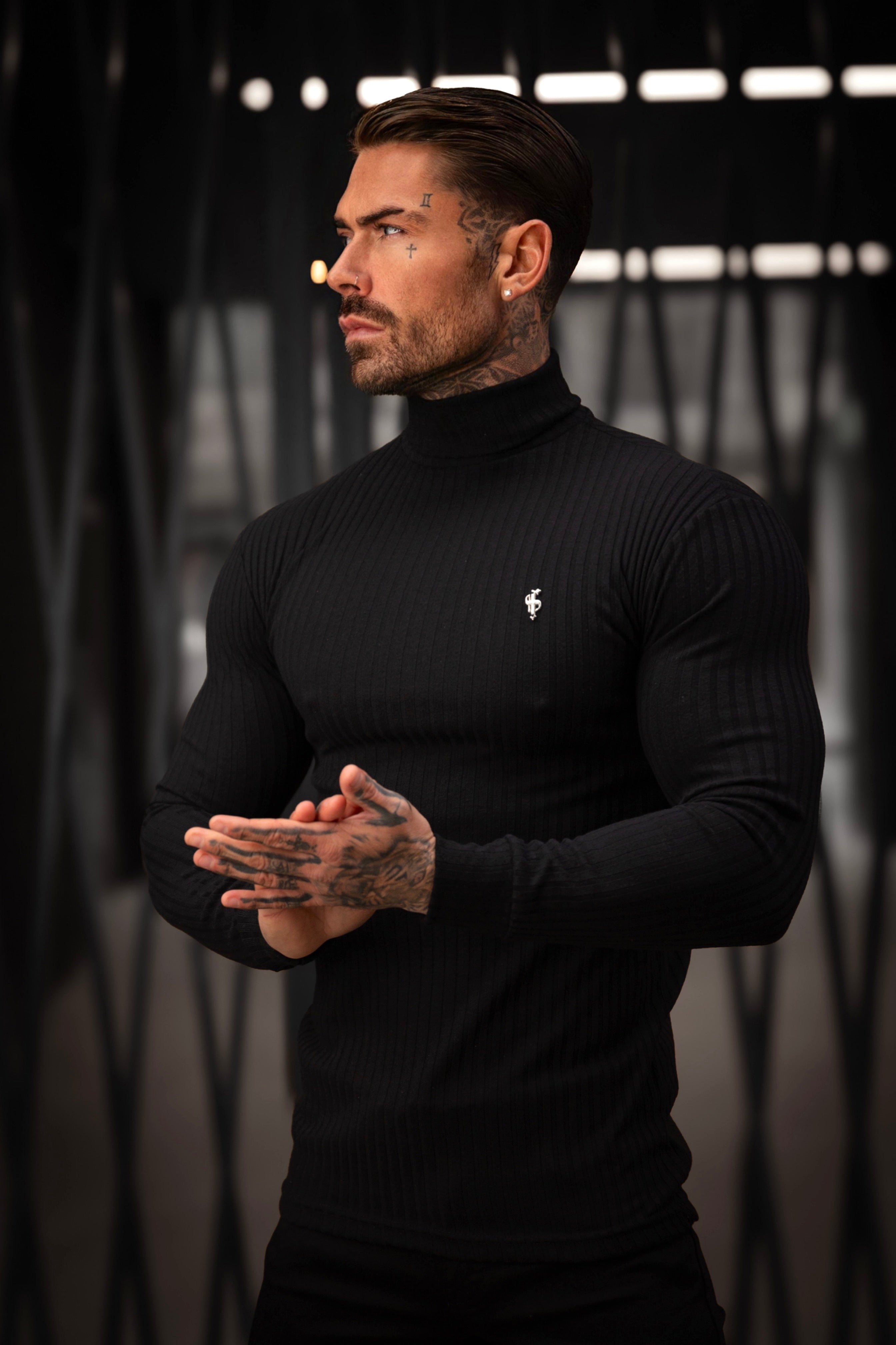 Super Slim Black / Silver Ribbed Knit Roll-neck Jumper - FSH953