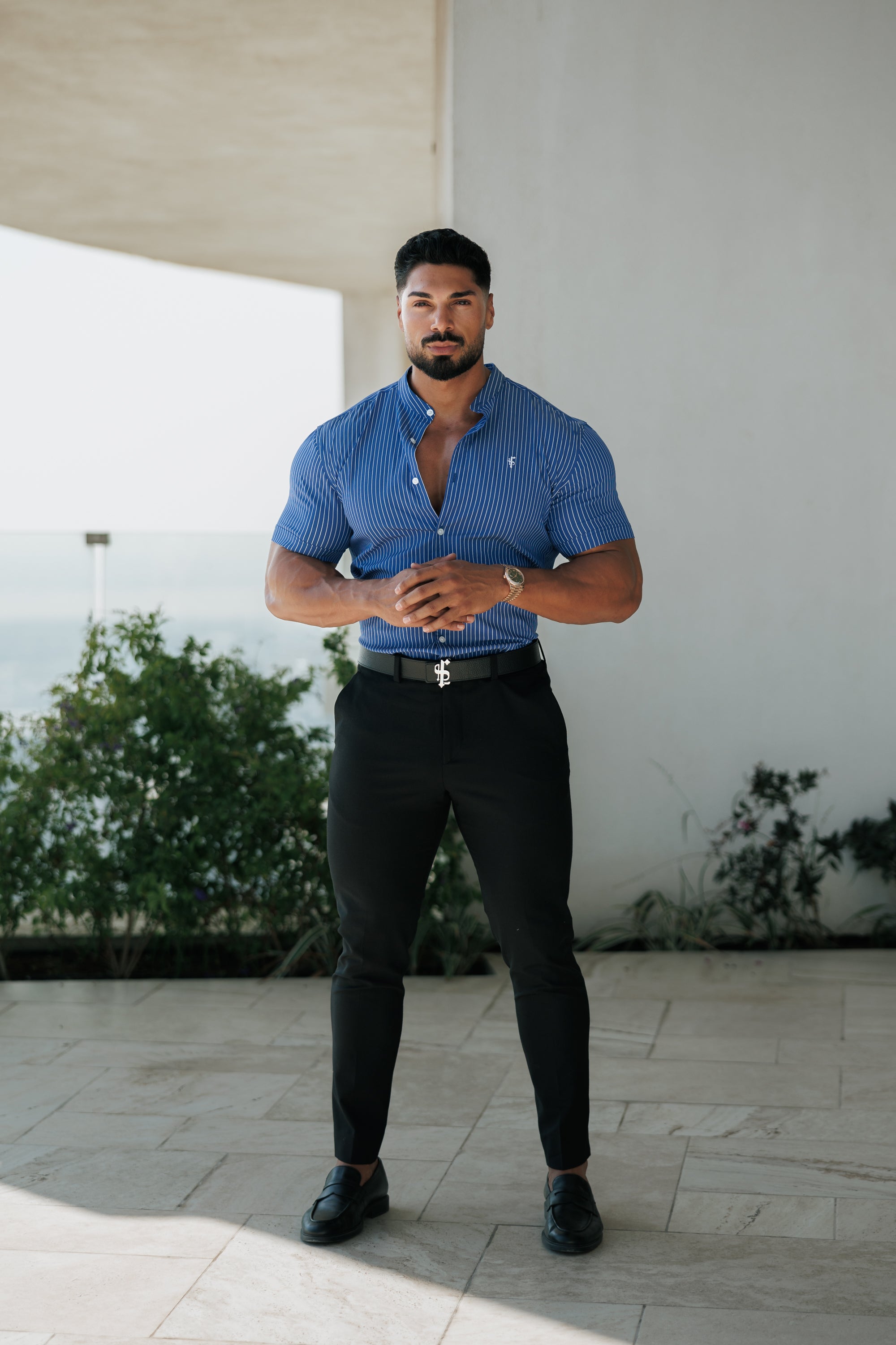 Super Slim Stretch Ocean Blue Printed Pinstripe Short Sleeve with Grandad Collar - FS1064