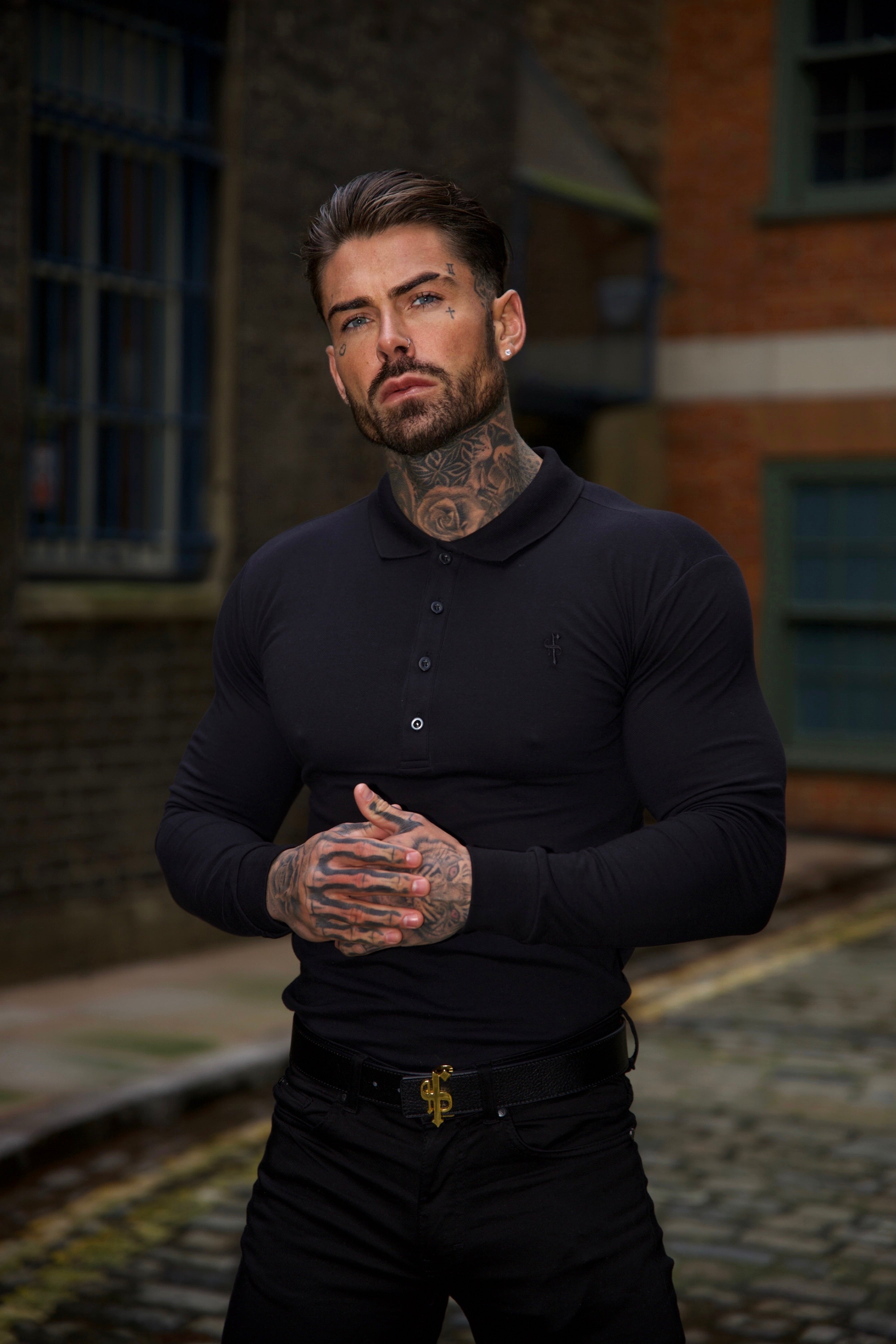 Classic Black Tonal Polo Long Sleeve Shirt - FSH857