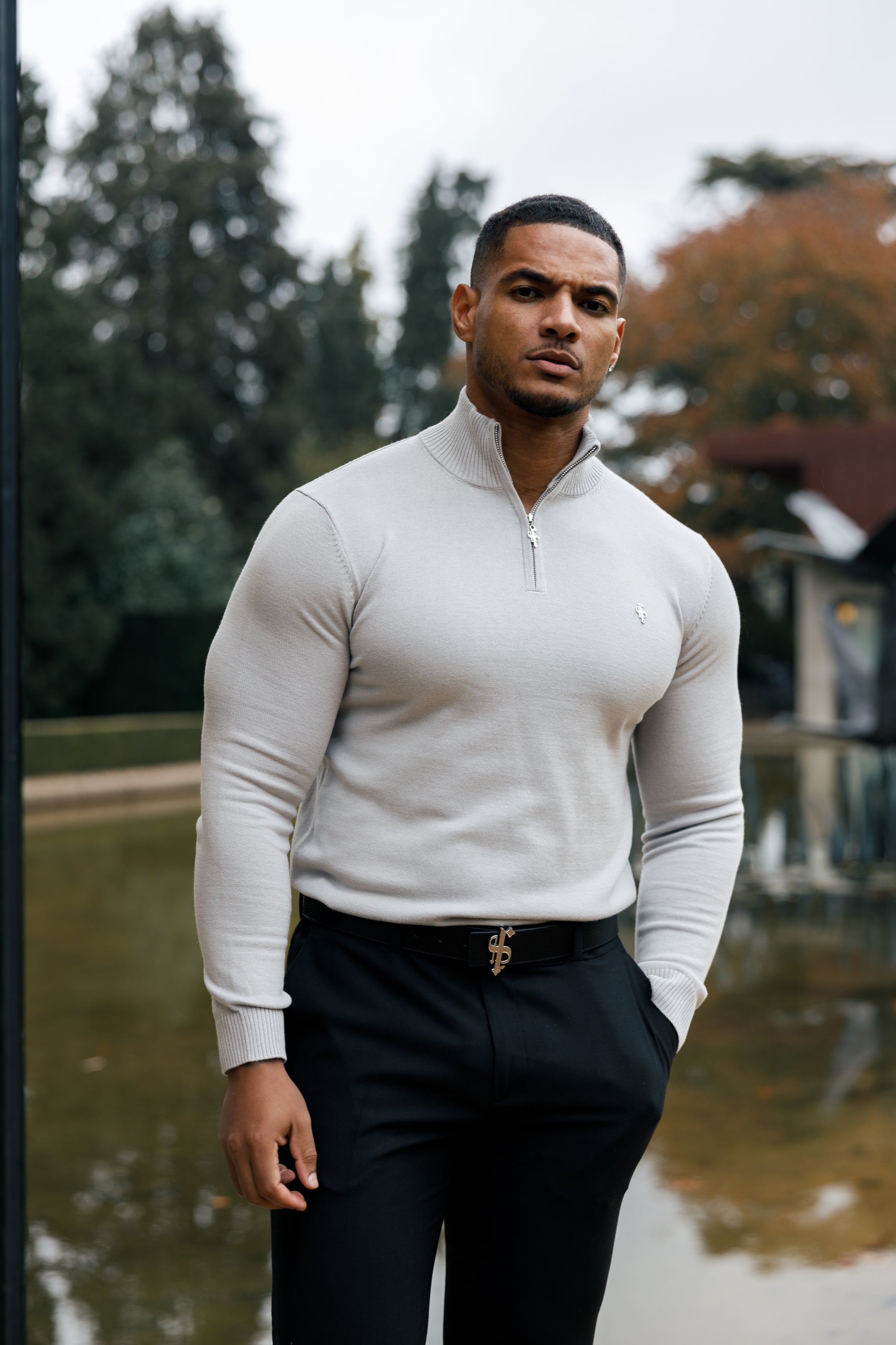 Silver Grey Funnel Neck 1/2 Zip Knitted Jumper - FSN123