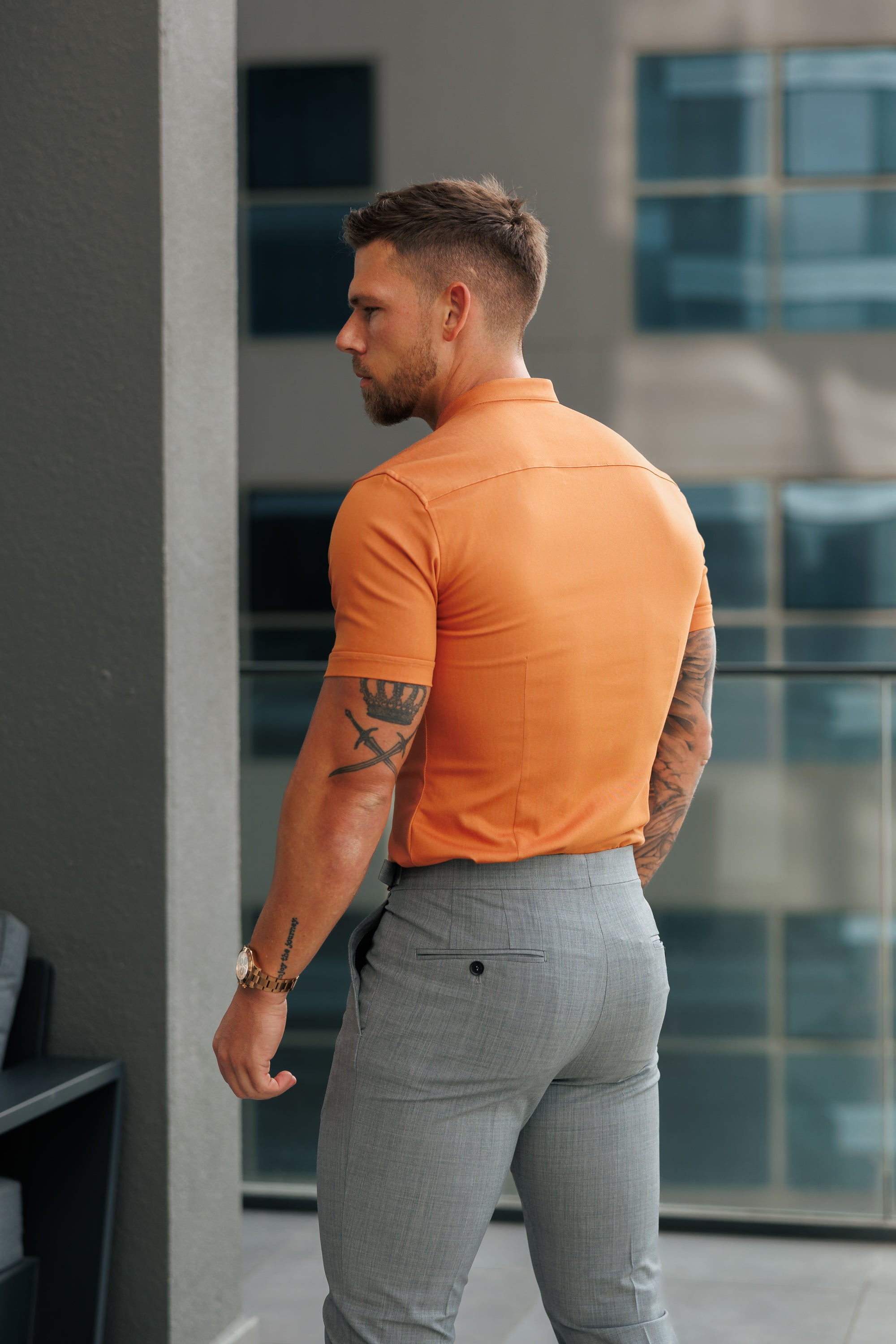 Super Slim Stretch Orange Denim Short Sleeve with Grandad Collar - FS1142