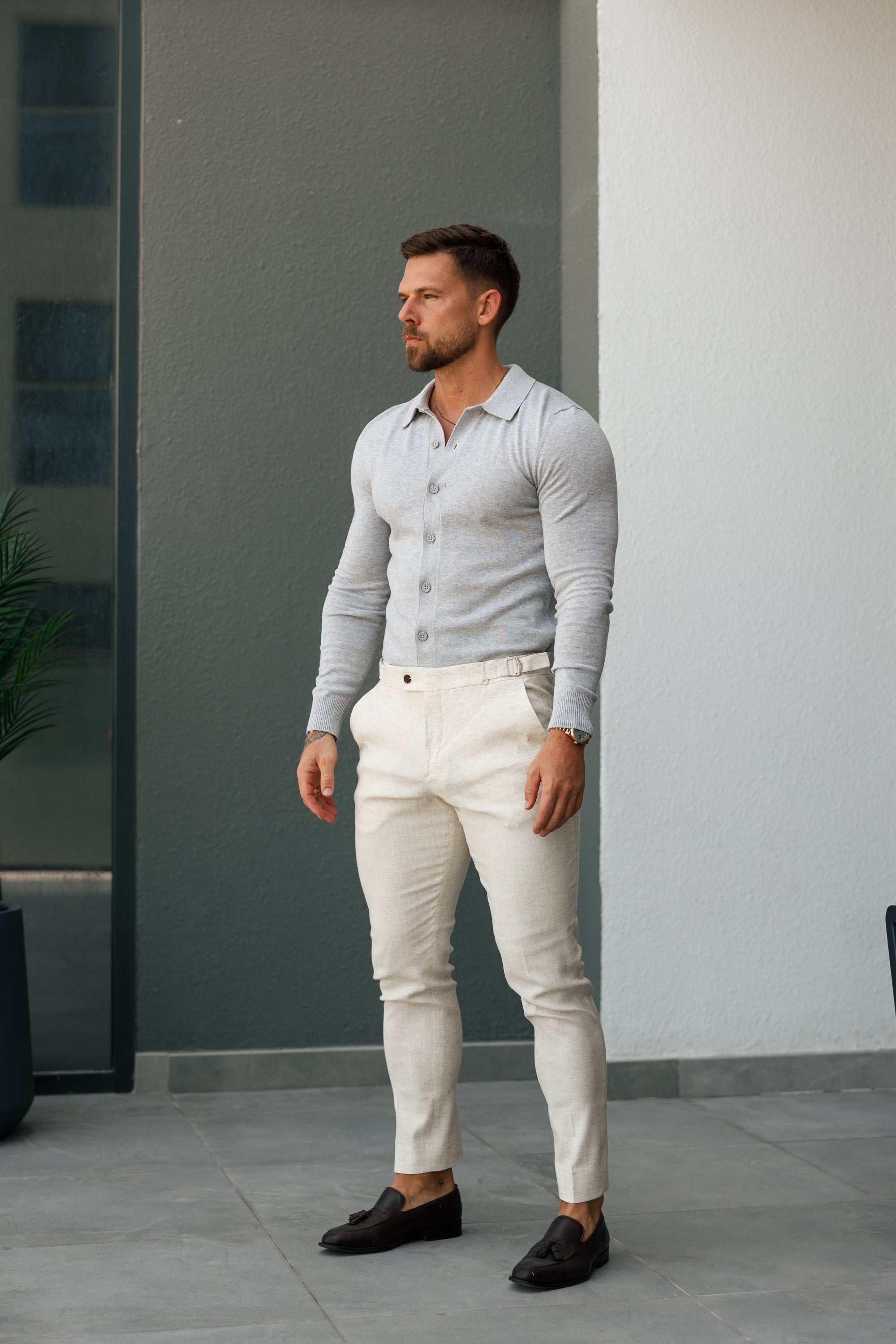 Slim Formal Cream Linen Trousers With Side Adjusters - FST020