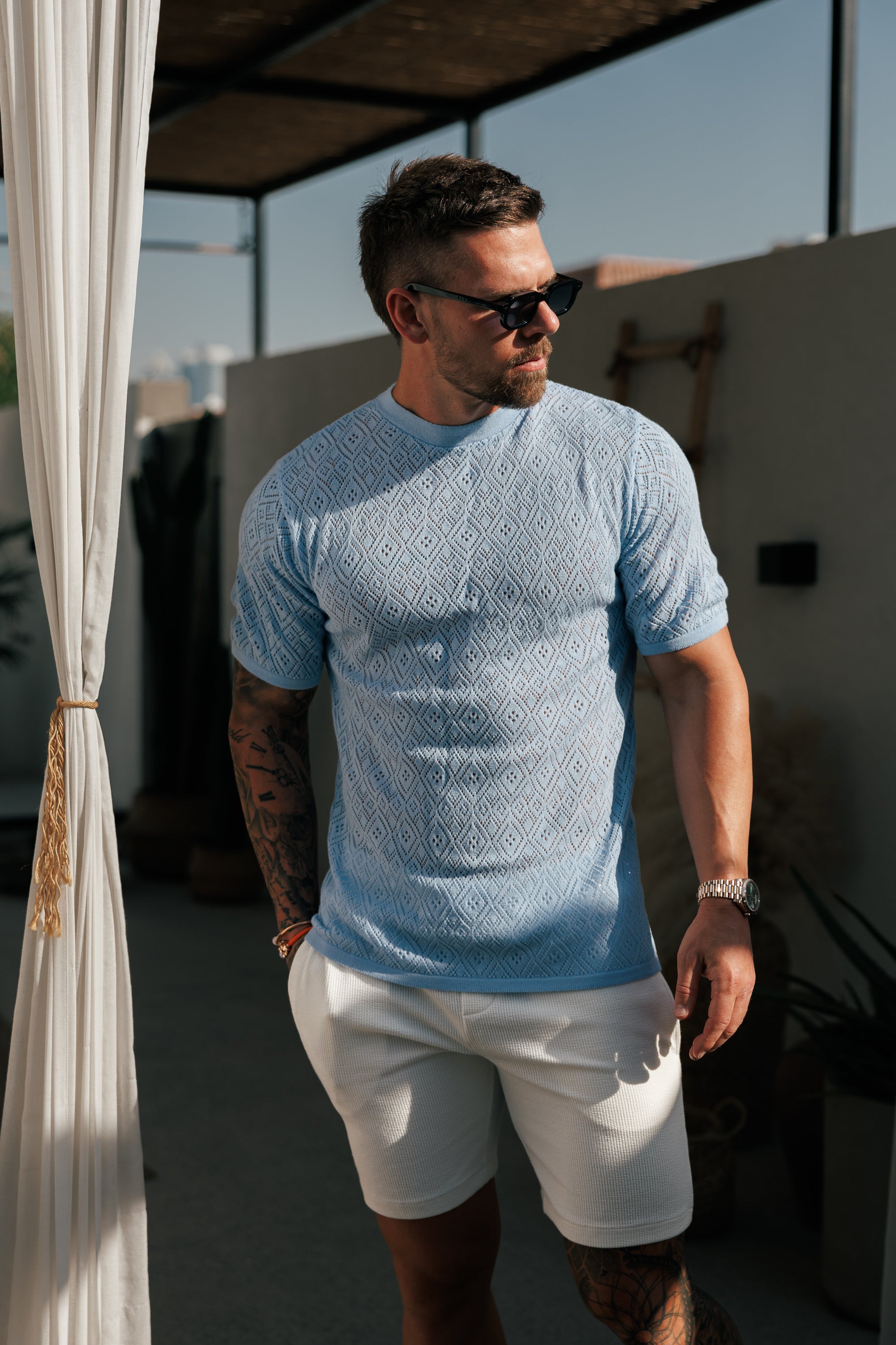 Crochet Crew T-Shirt Blue Short Sleeve - FSJ088