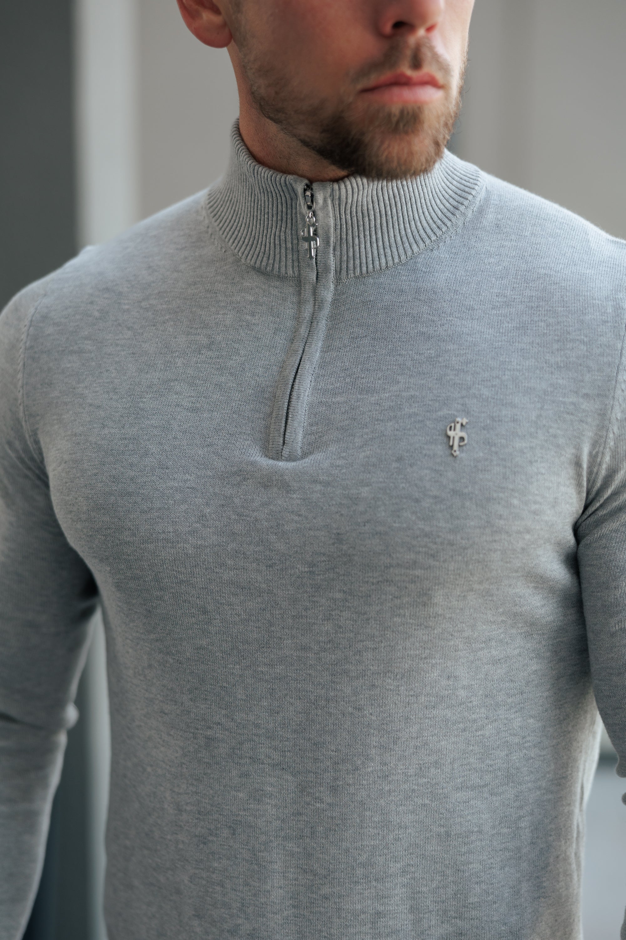 Light Grey Funnel Neck Knitted Jumper With FS Branding - FSN193