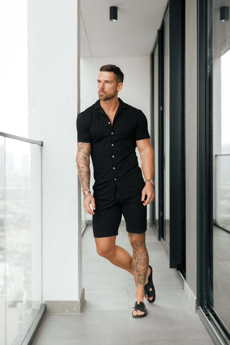 Father Sons Stretch Black / Gold Pique Revere Shirt Short Sleeve - FSH1068  (PRE ORDER 30TH MAY)