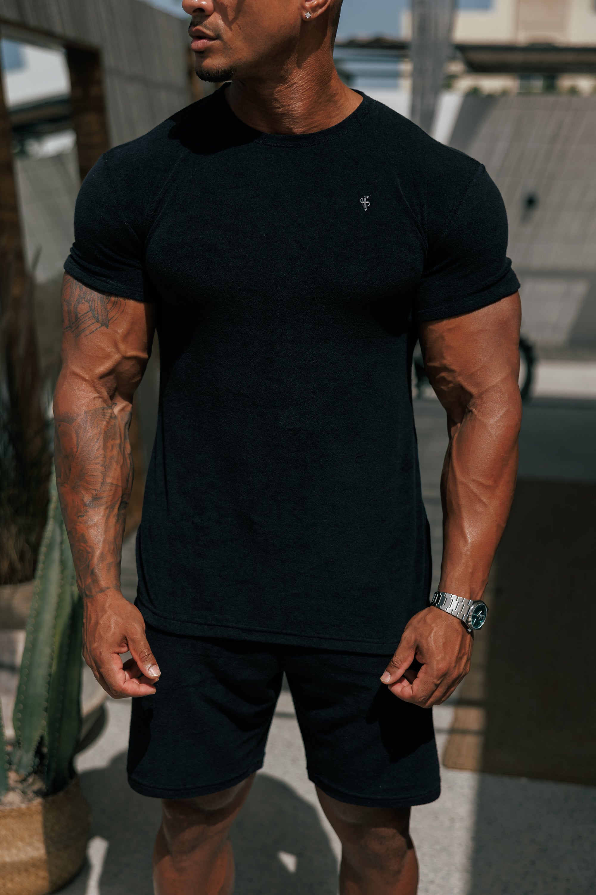 Black Towelling Crew T Shirt - FSH816