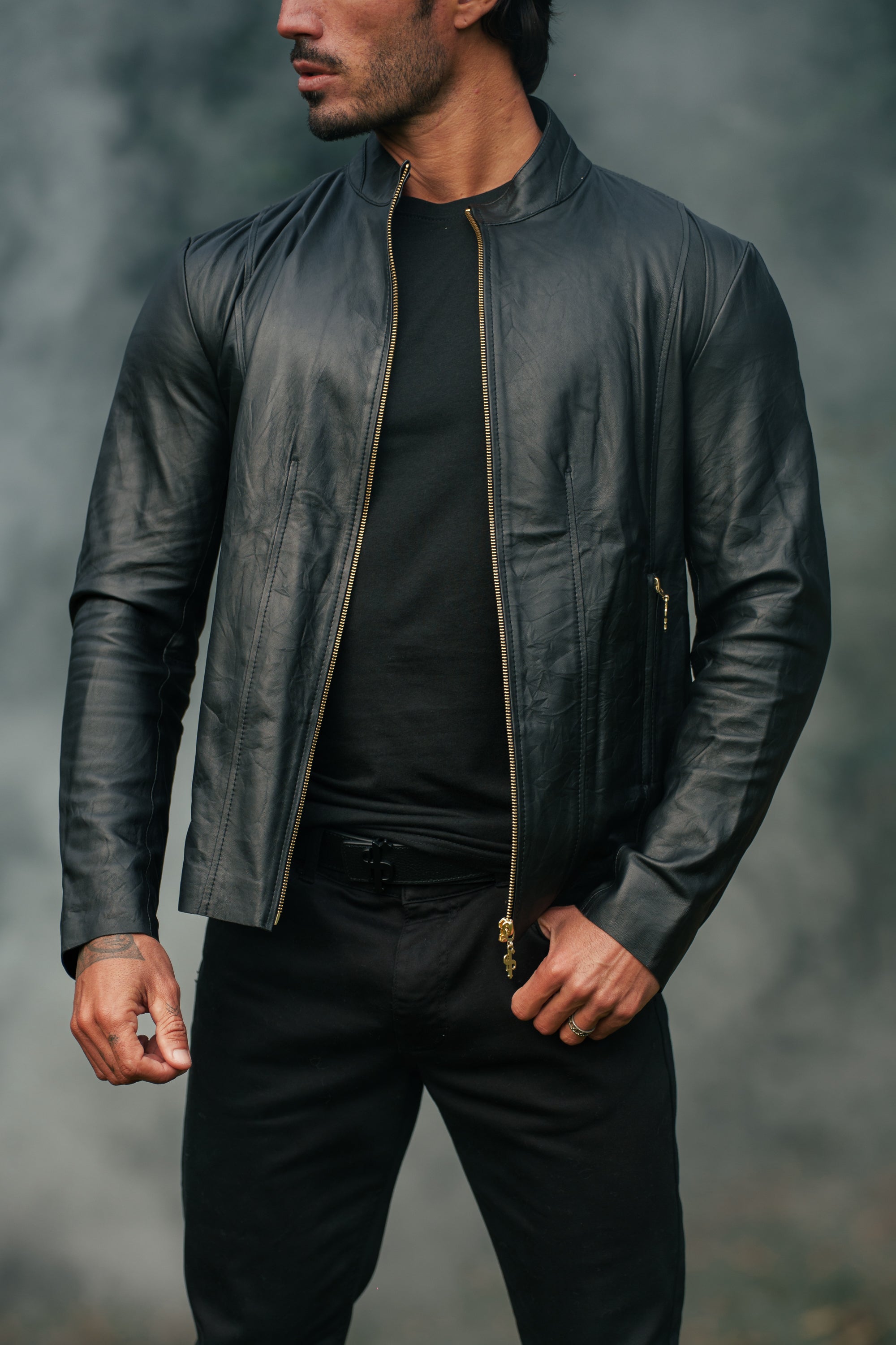 Black Lambs Leather Jacket With Gold Zips - FSH610