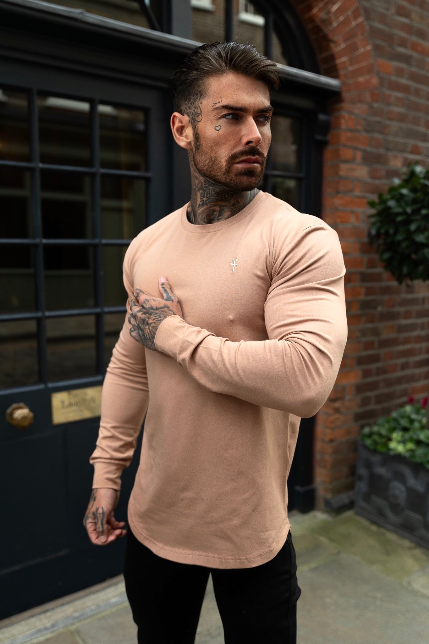 Classic Coffee Tonal Curved Hem Long Sleeve Crew T Shirt - FSH1001